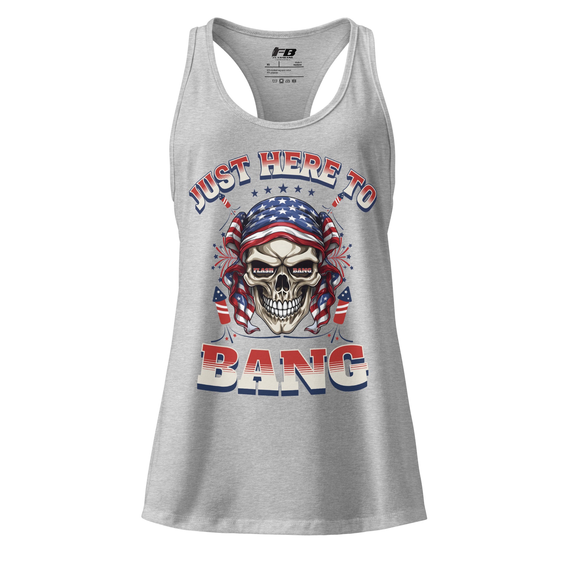 Gray tank top with skull and American flag design on a white background
