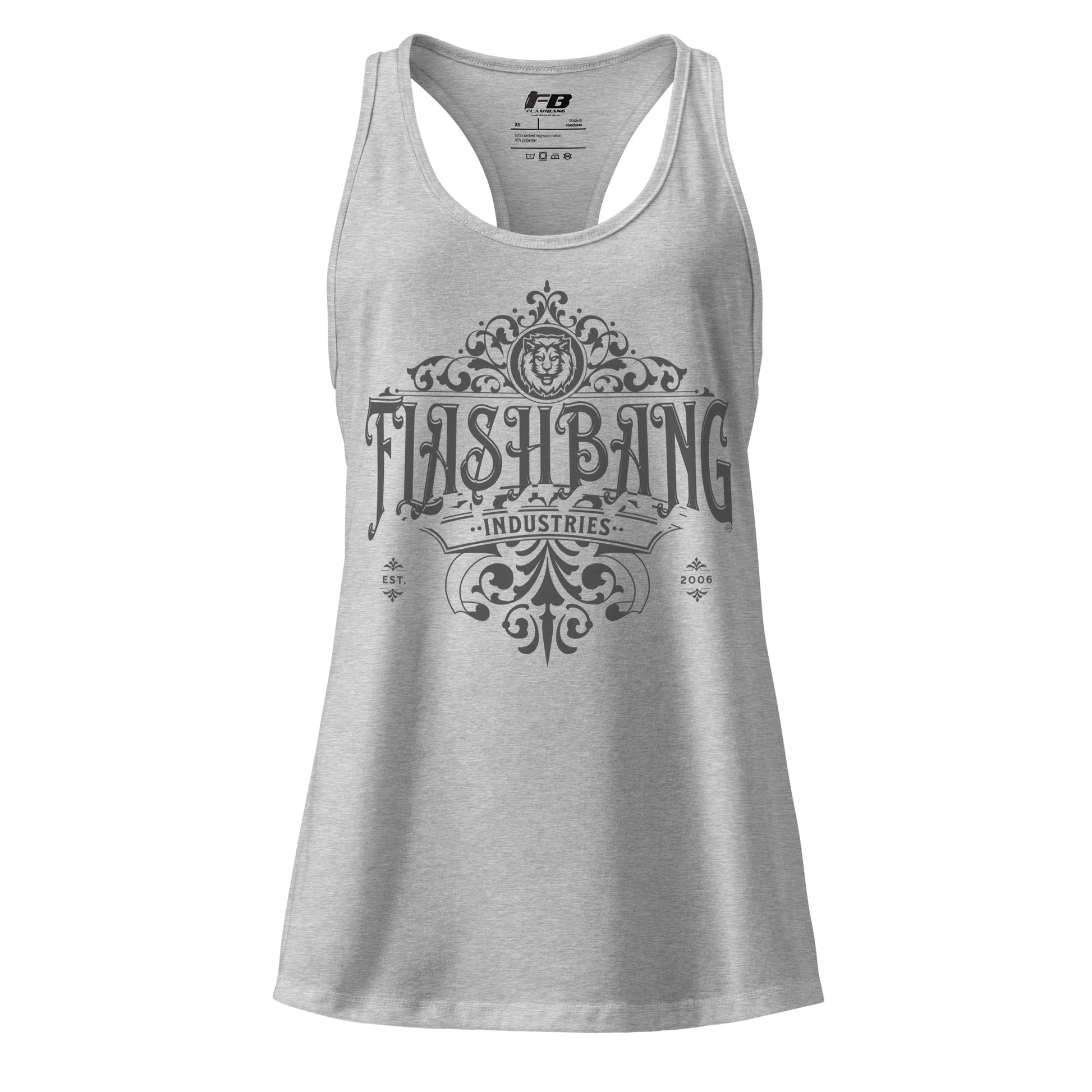 Gray tank top with 'Flashbang Industries' graphic design on a white background