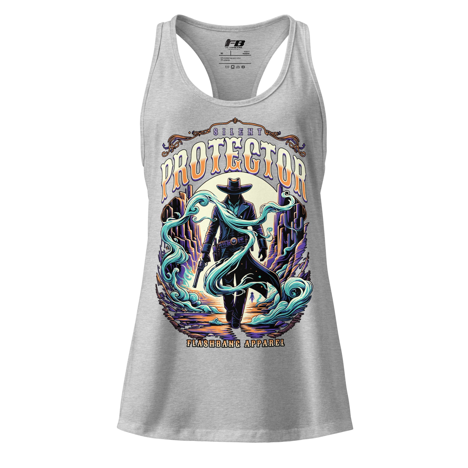 Gray tank top with a graphic design of a cowboy and text 'Protector' on a white background