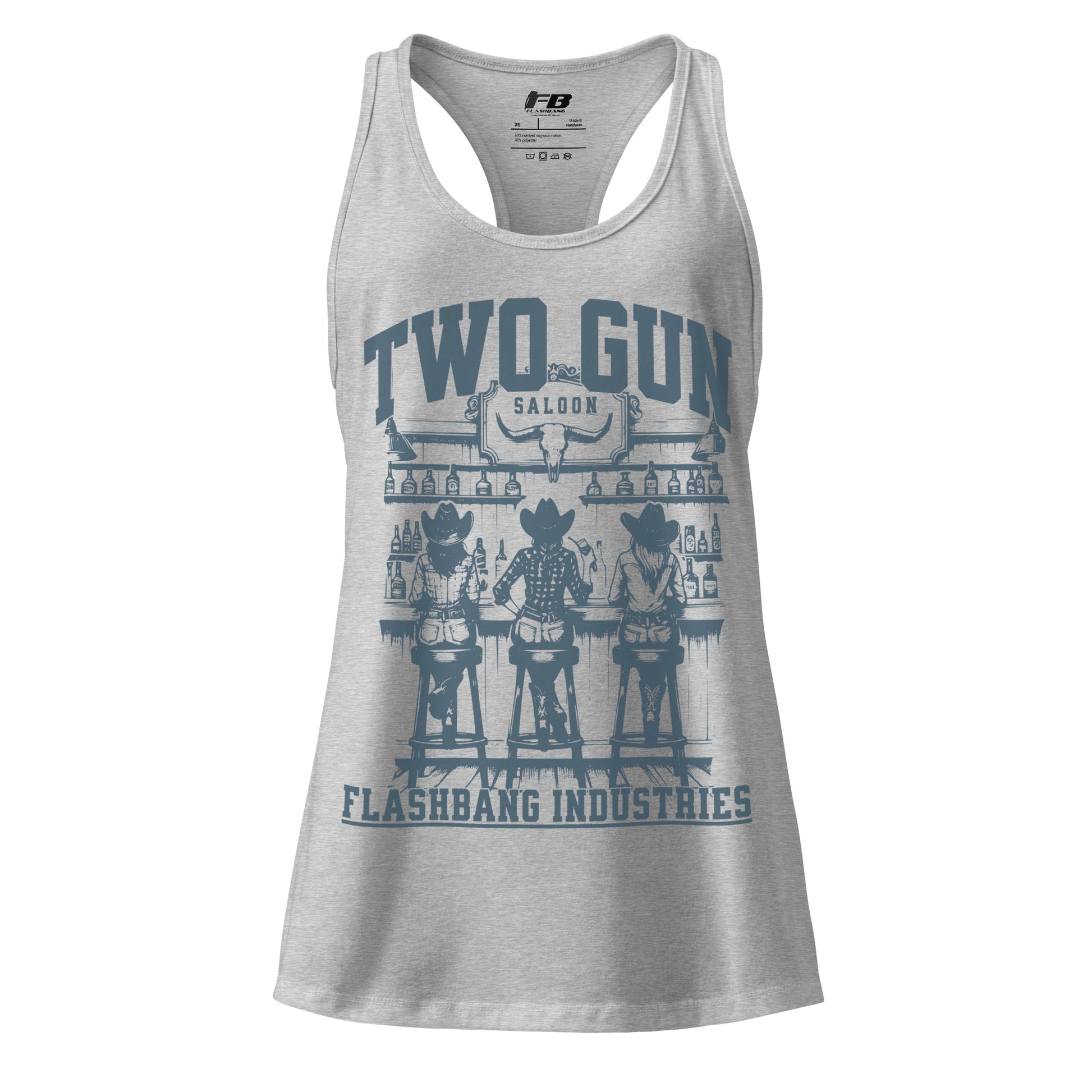 Gray tank top with graphic design and text on a white background