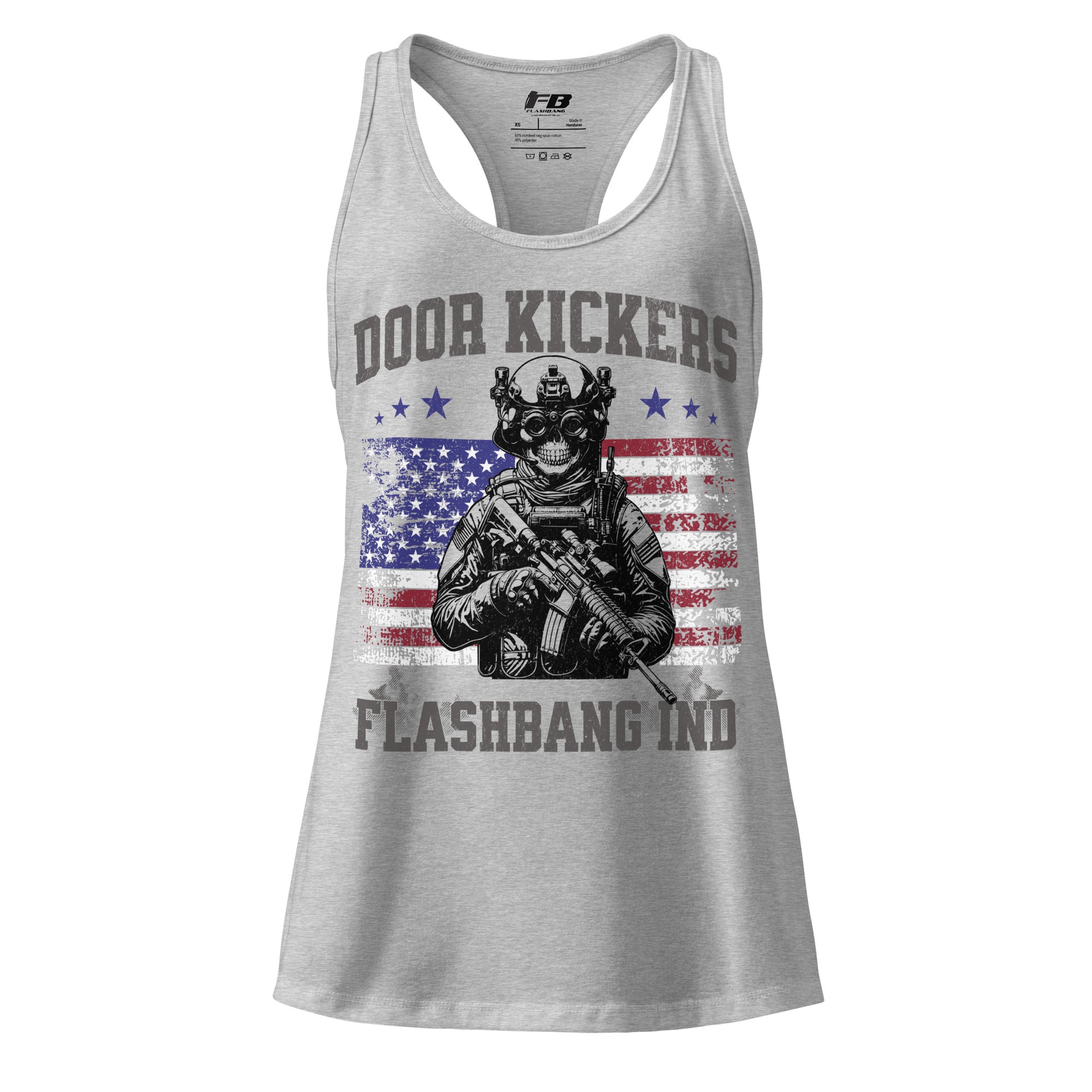 Gray tank top with graphic design and text on a white background