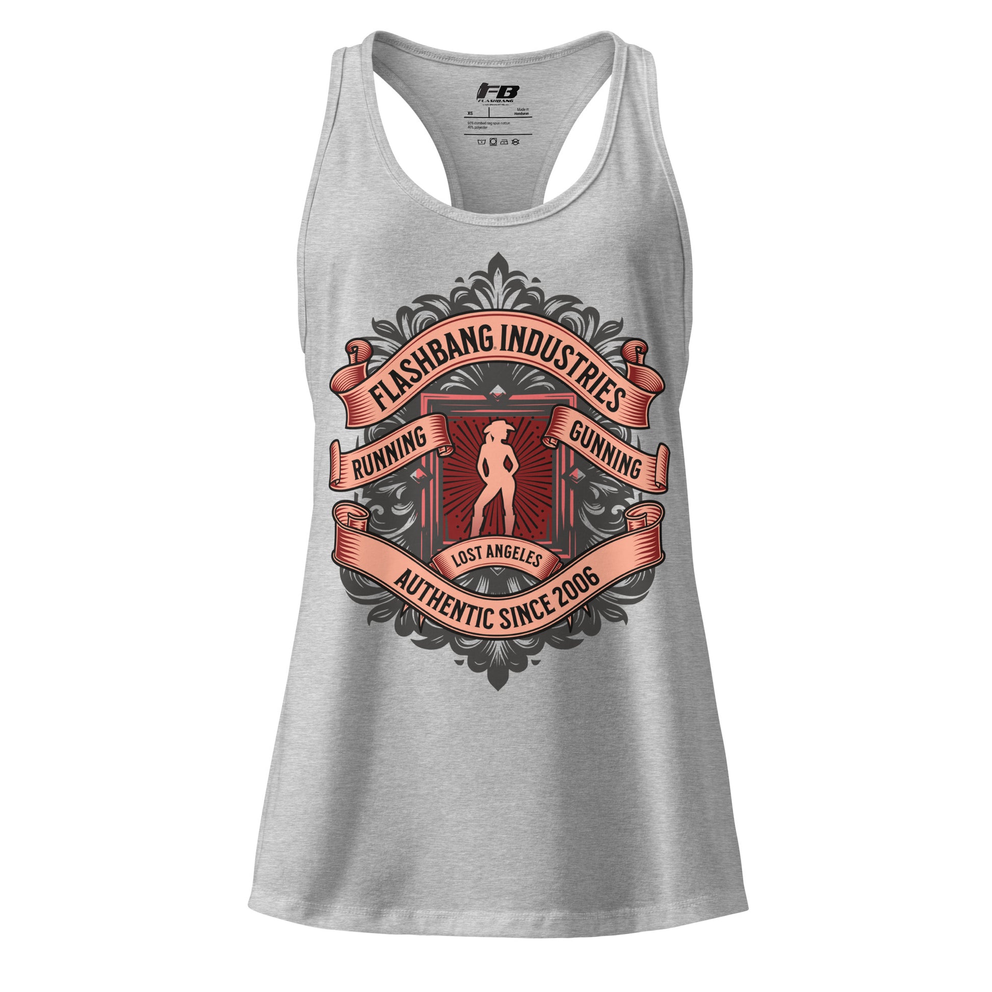 Gray tank top with graphic design and text on a white background