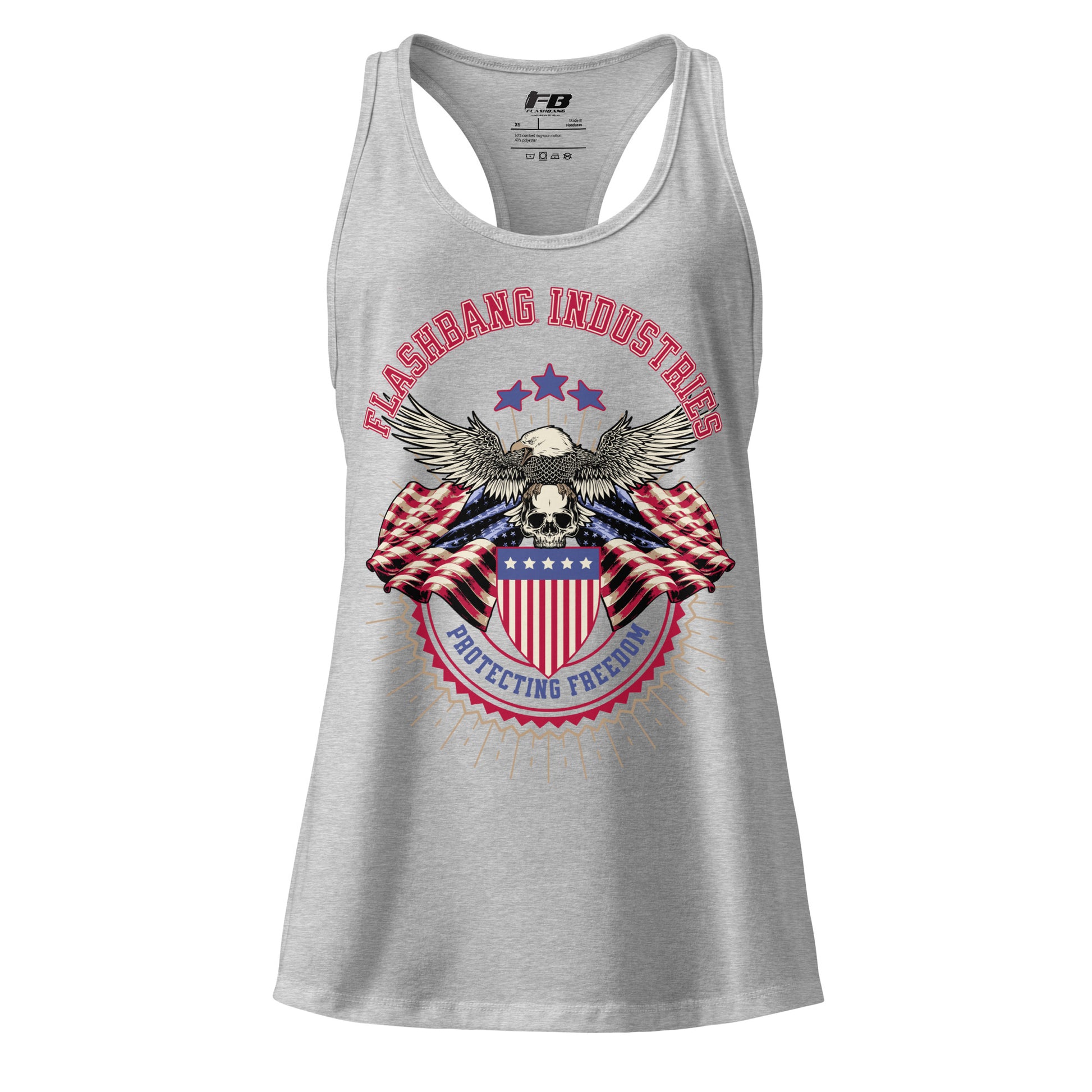 Gray tank top with patriotic design and 'Flashbang Industries' branding on a white background