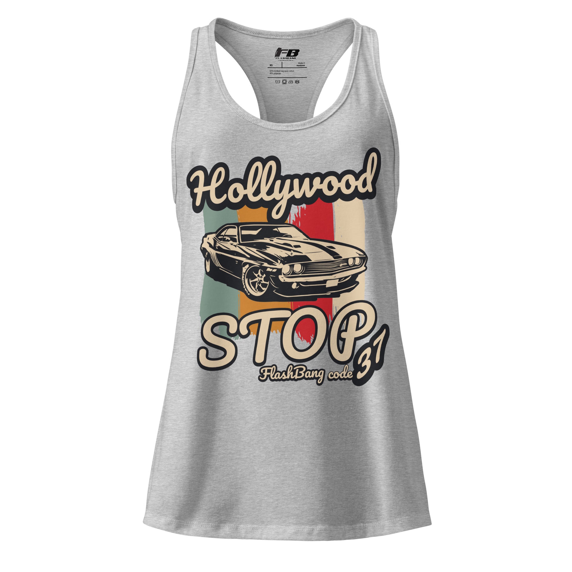 Gray tank top with vintage car graphic and text on a white background
