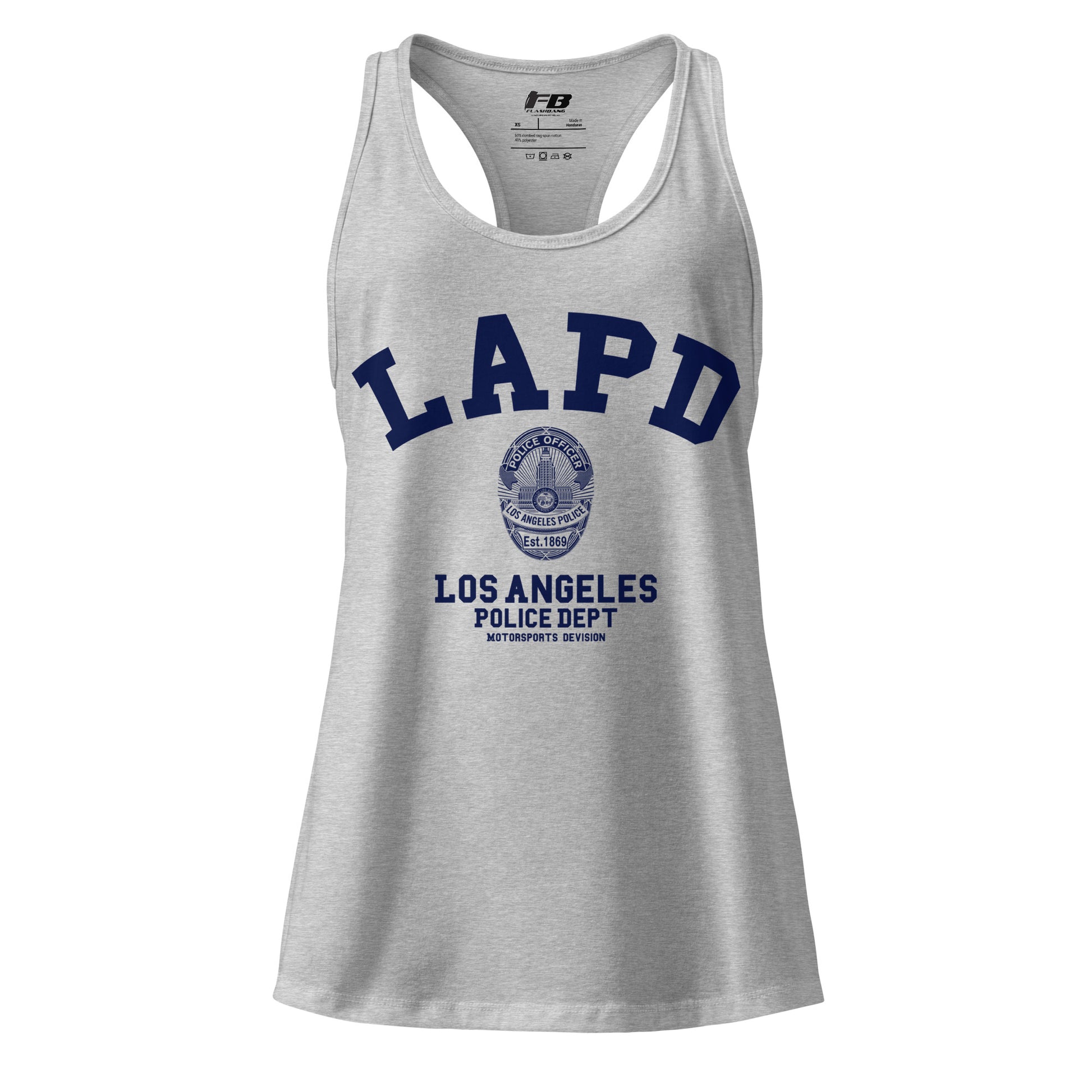 Gray tank top with LAPD Los Angeles Police Dept text and logo on a white background