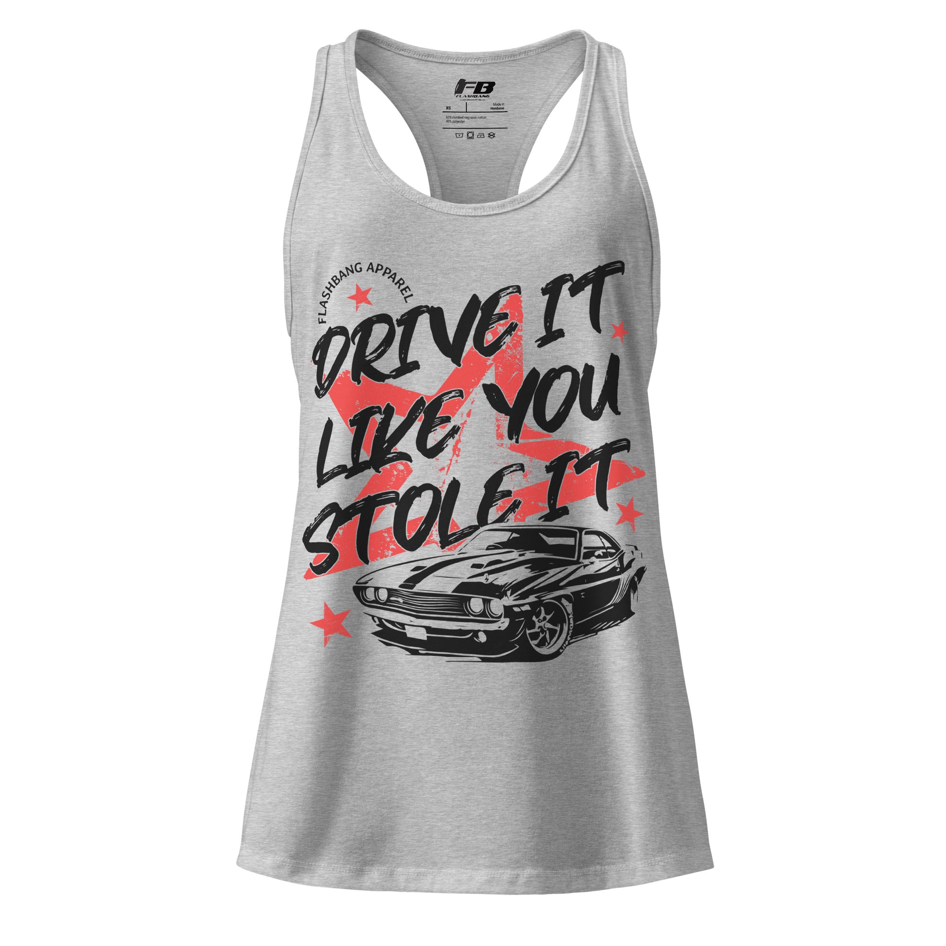 Gray tank top with graphic design and text on a white background