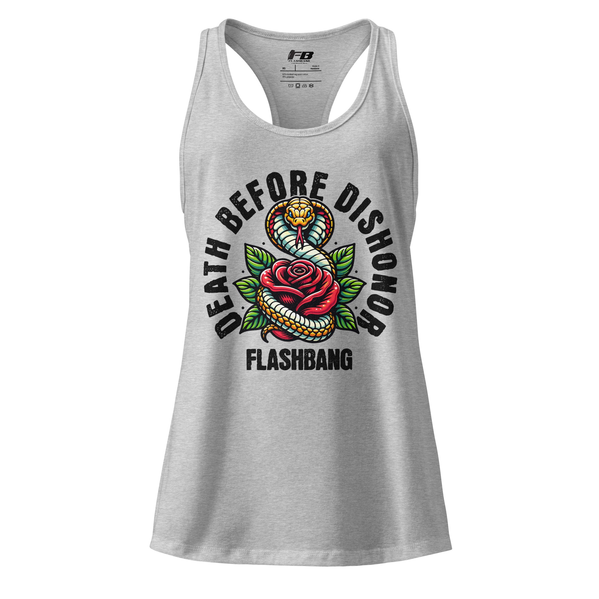 Gray tank top with 'Death Before Dishonor' graphic design on a white background