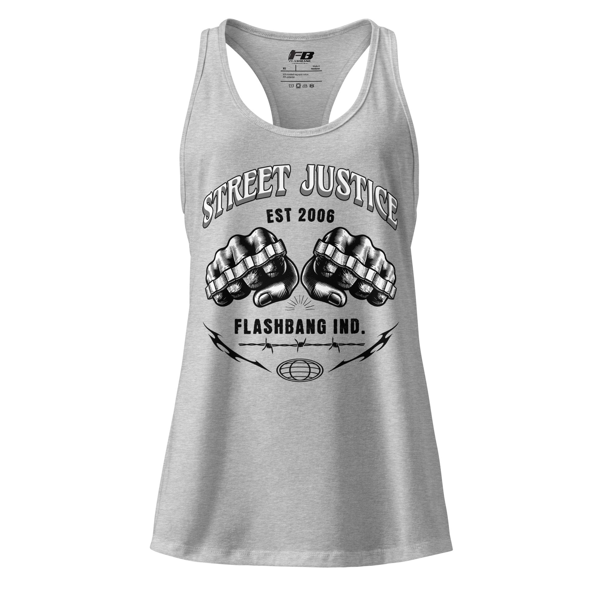 Gray tank top with 'Street Justice' and 'Flashbang Ind.' design on a white background