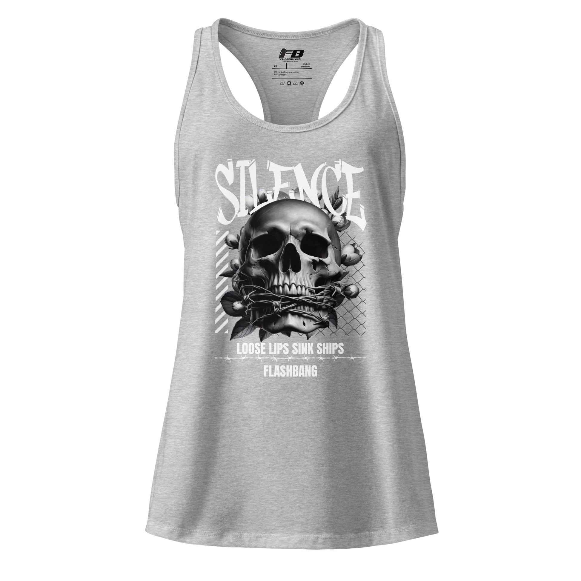 Gray tank top with a skull design and text on a white background