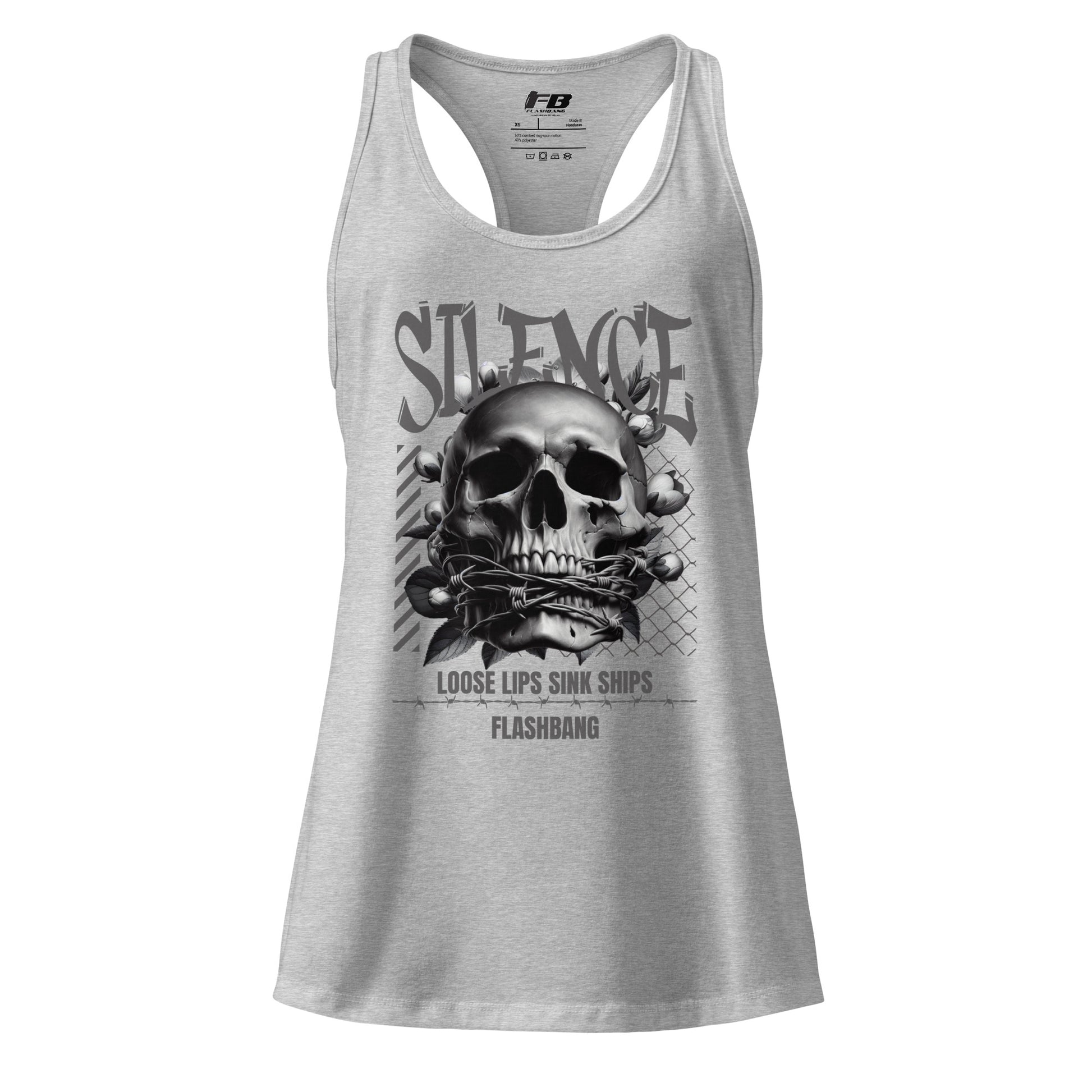 Gray tank top with skull and text design on a white background