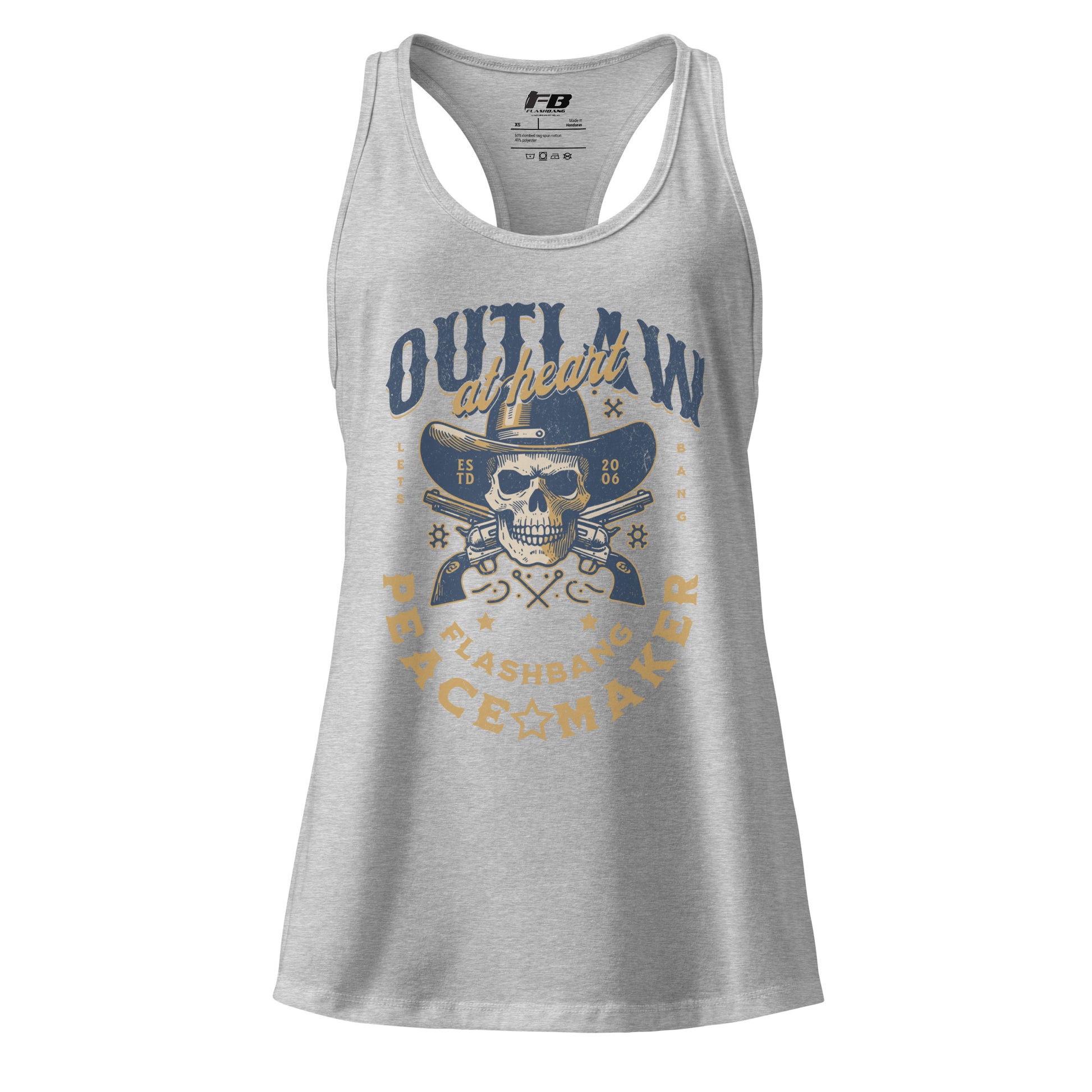 Gray tank top with skull and crossbones design on a white background