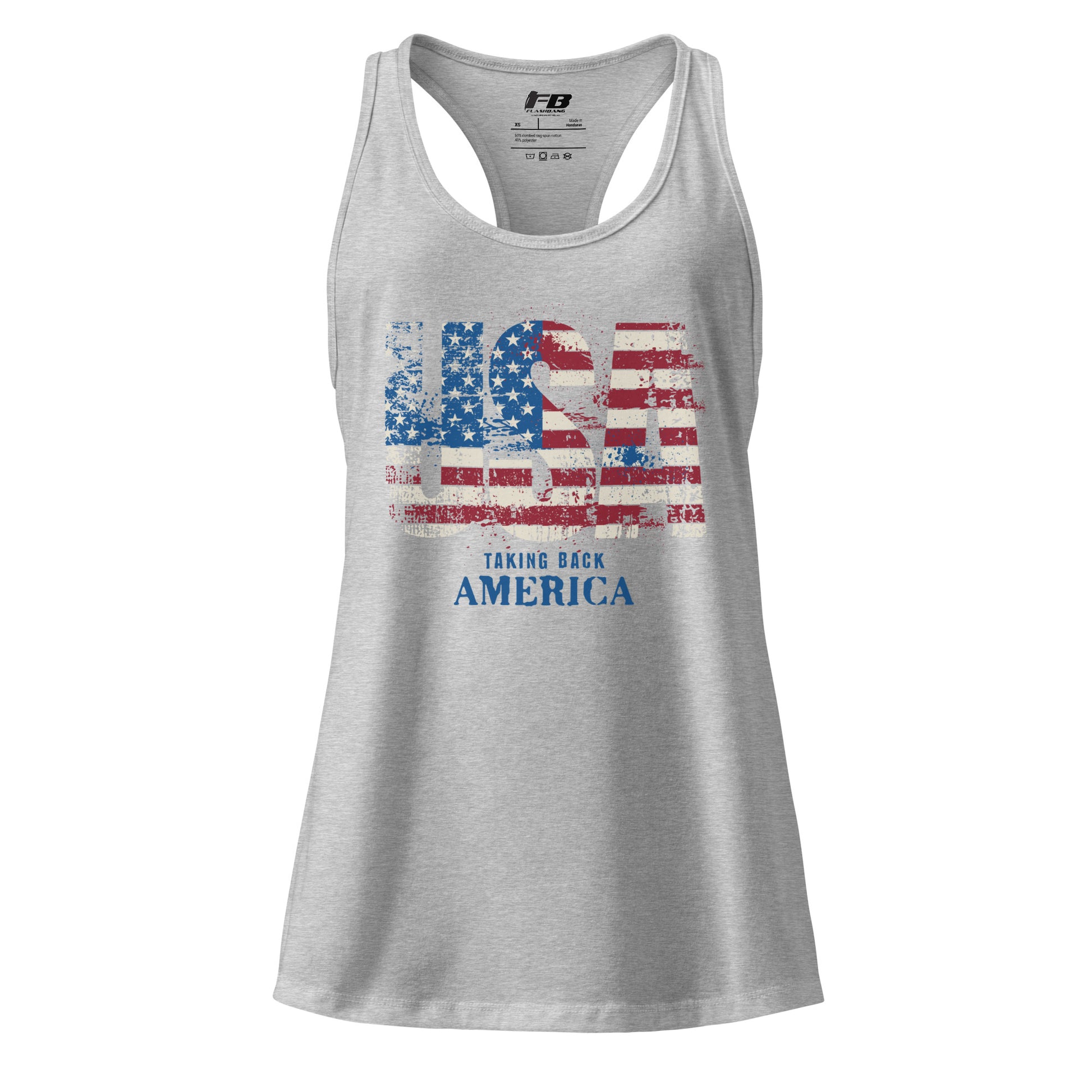 Gray tank top with American flag design and text on a white background