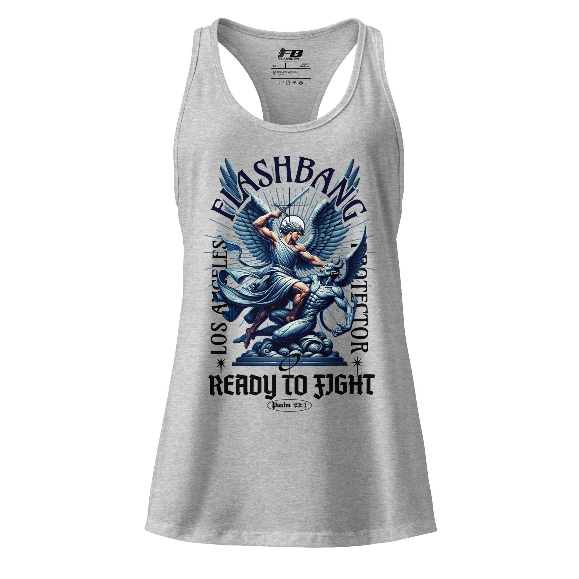 Gray tank top with graphic design and text on a white background