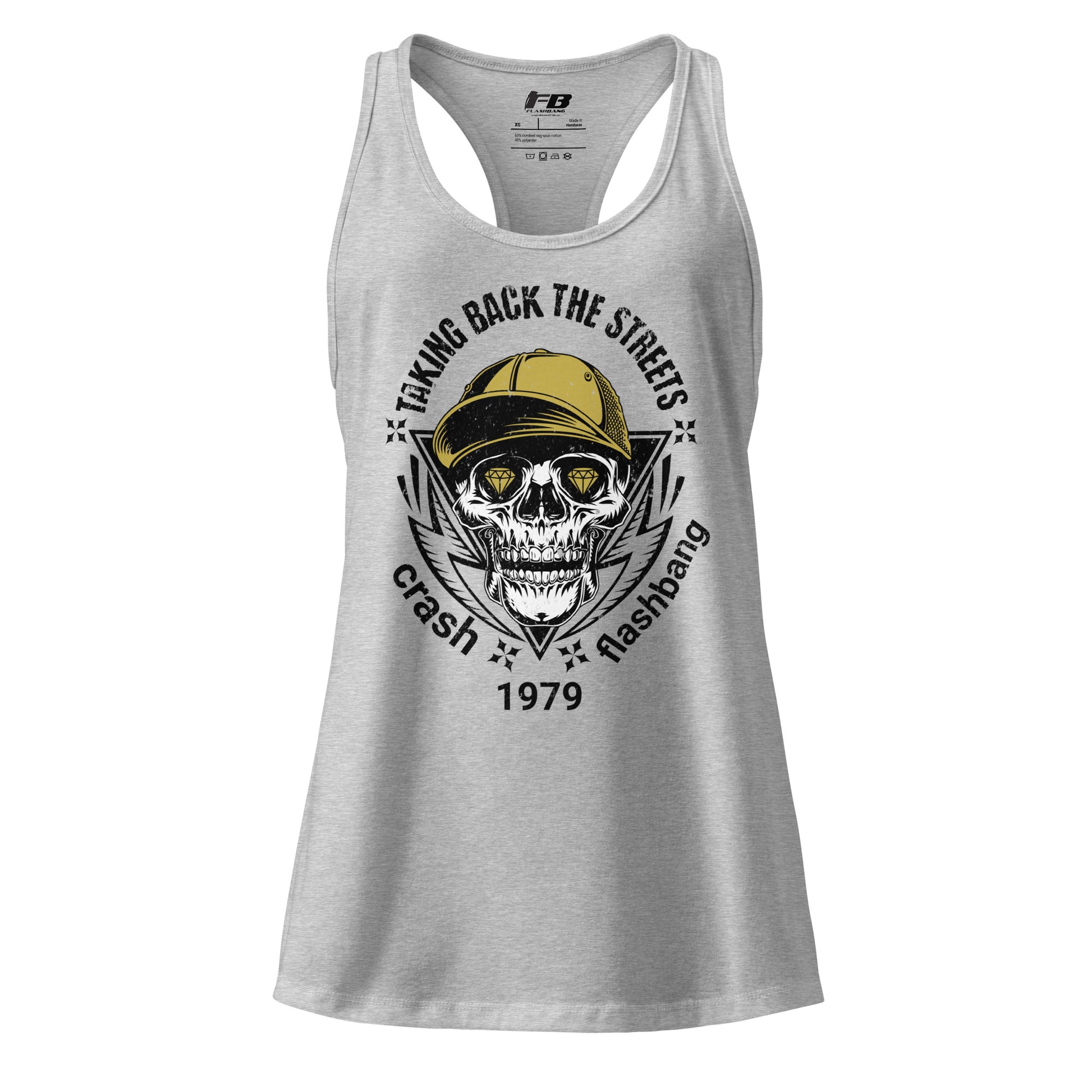 Gray tank top with skull and text design on a white background
