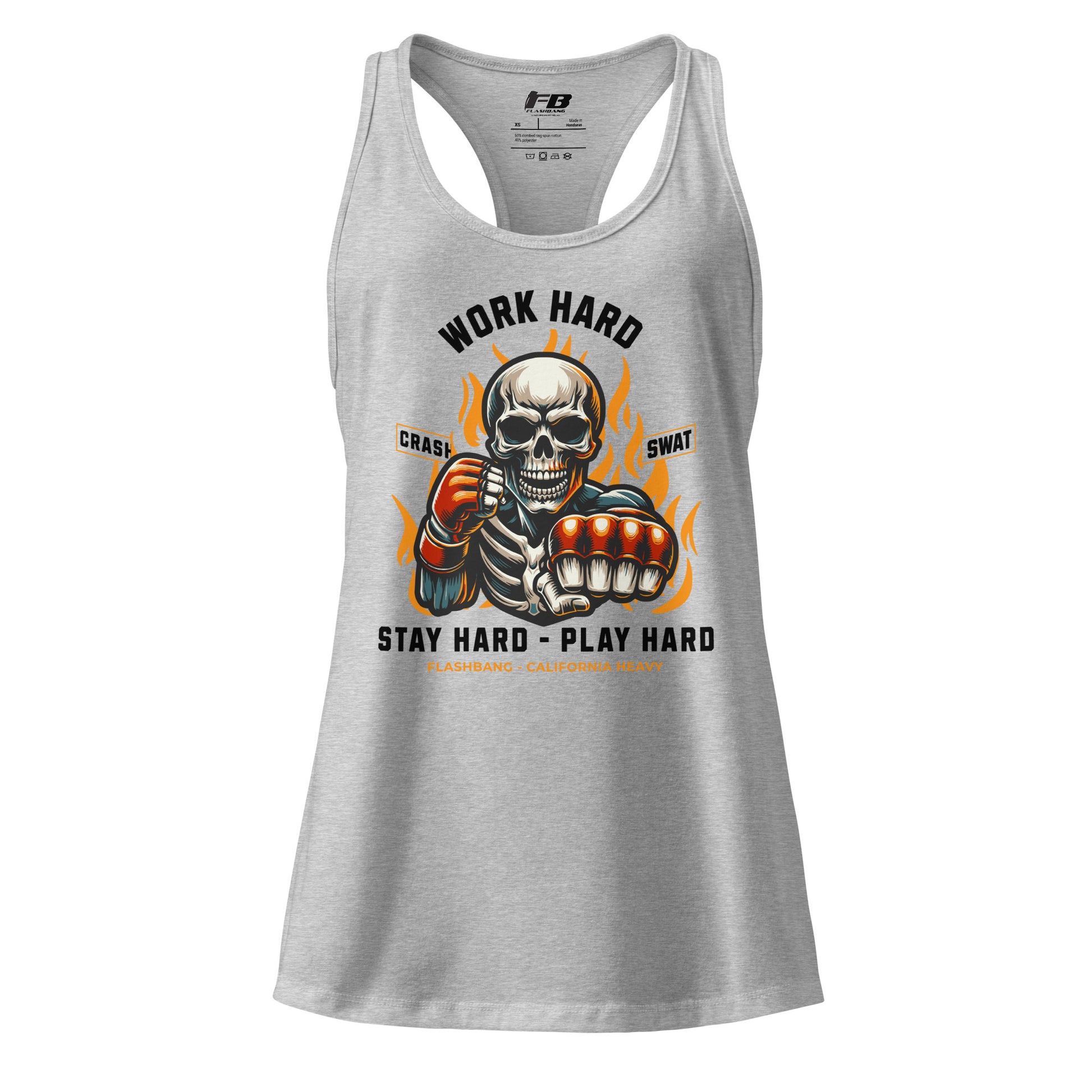 Gray tank top with a skull and fist graphic and motivational text on a white background