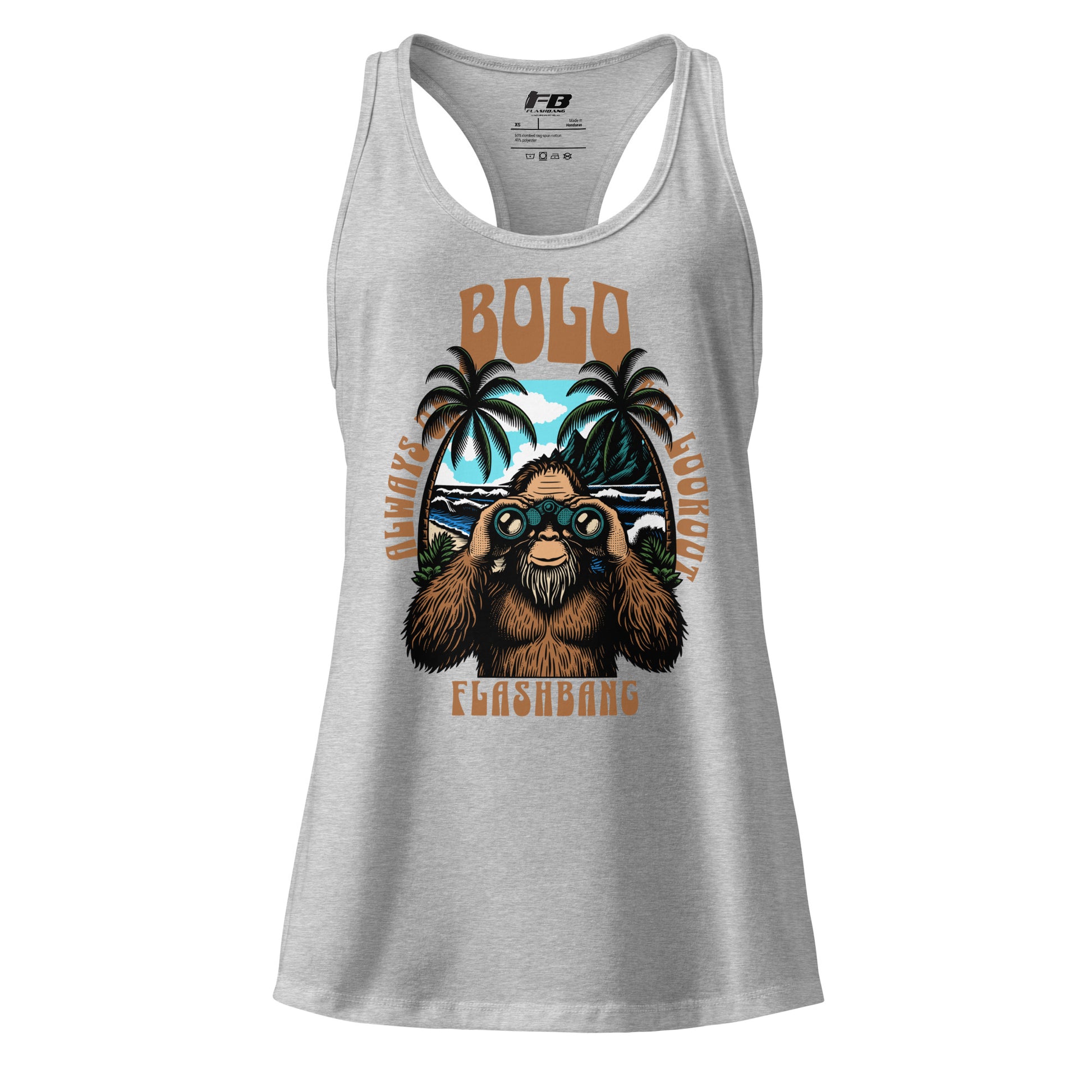 Gray tank top with a graphic design of a sloth, palm trees, and text on a white background