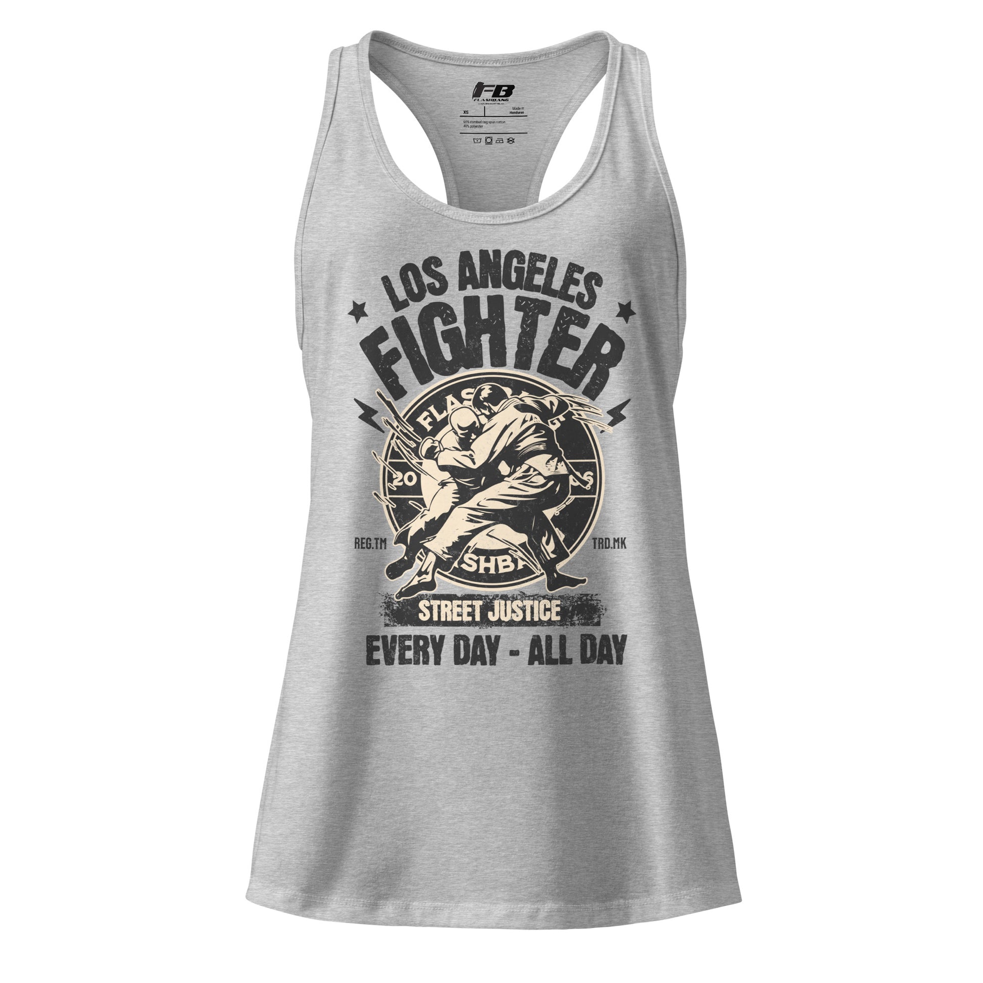 Gray tank top with 'Los Angeles Fighter' graphic design on a white background