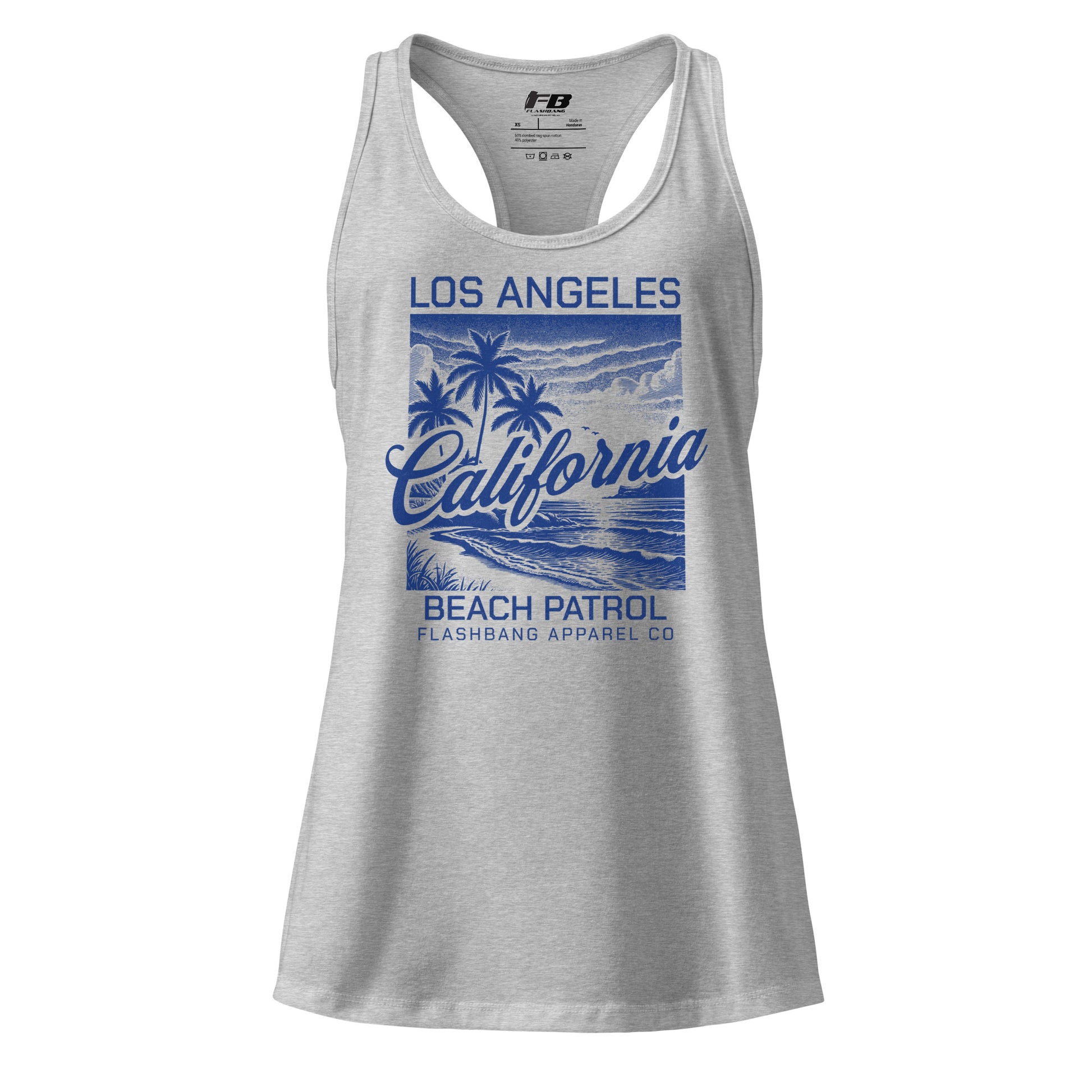 Gray tank top with 'Los Angeles California Beach Patrol' design on a white background