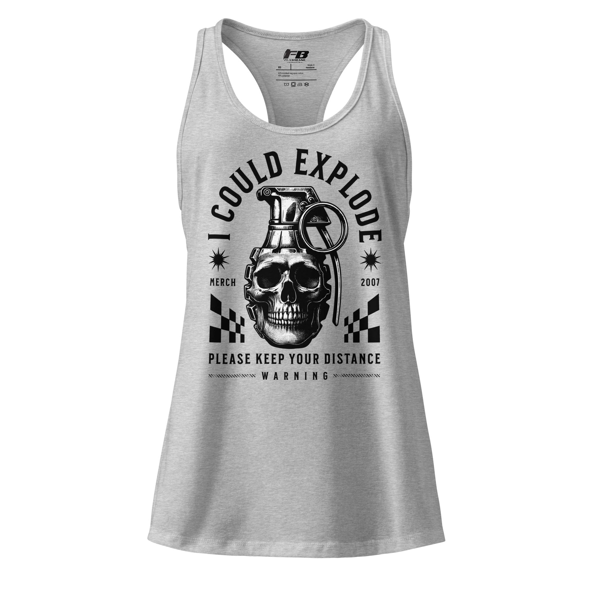 Gray tank top with a graphic design featuring a skull and grenade on a white background