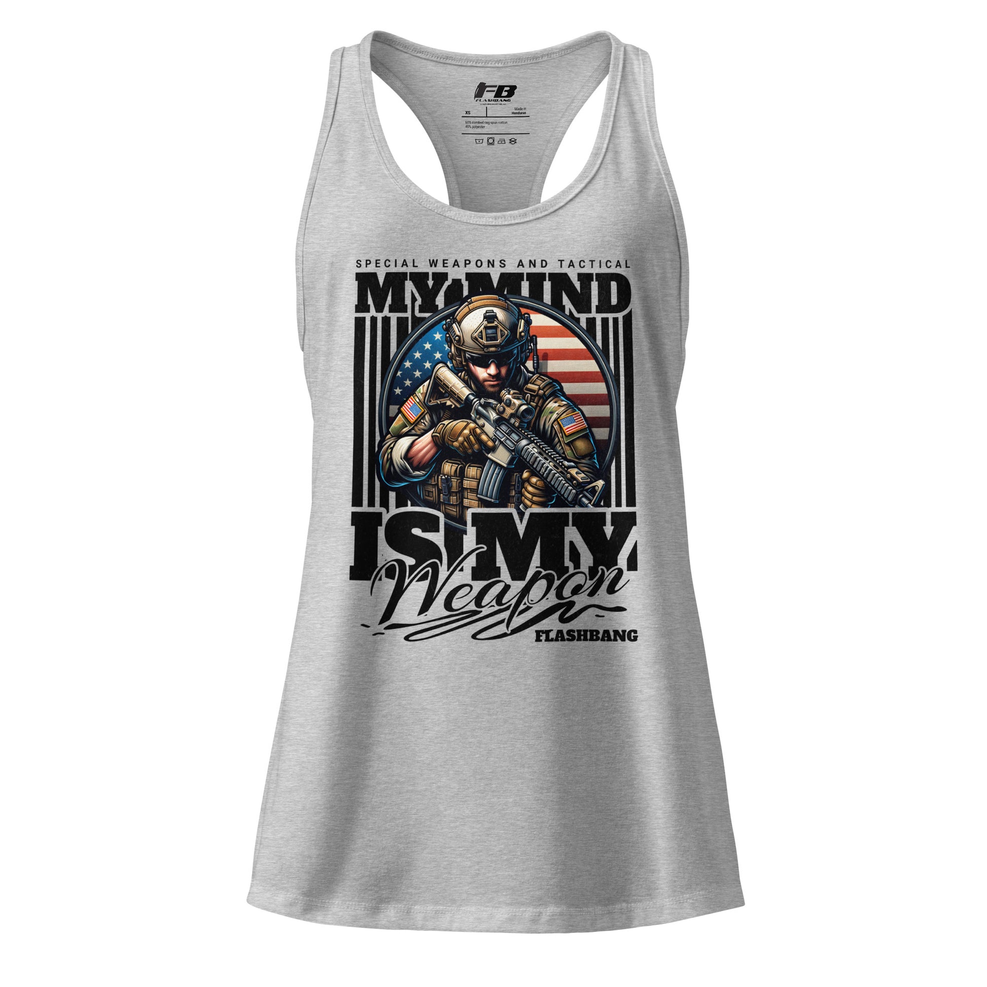 Gray tank top with graphic design and text on a white background