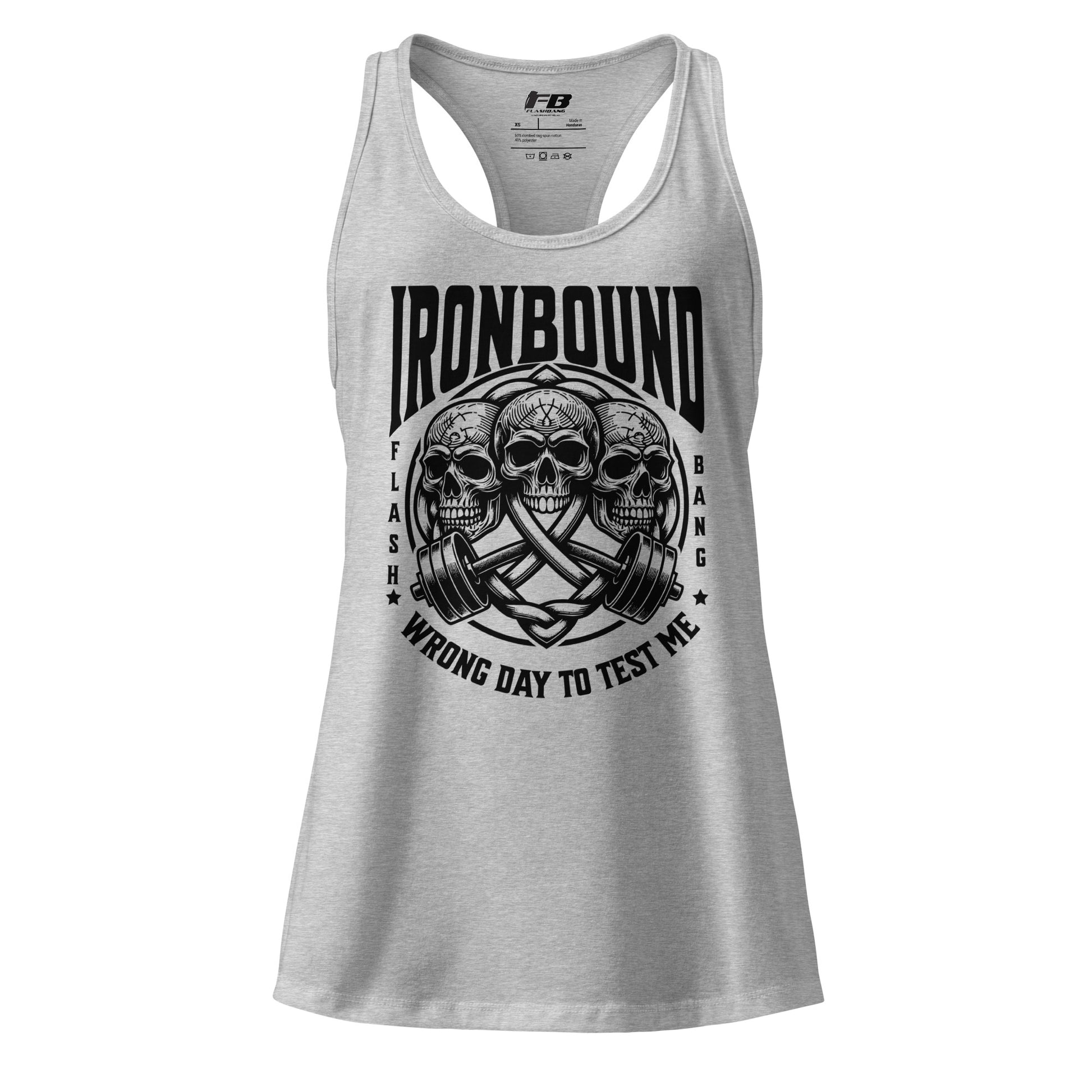 Gray tank top with black graphic design and 'Ironbound' text on a white background