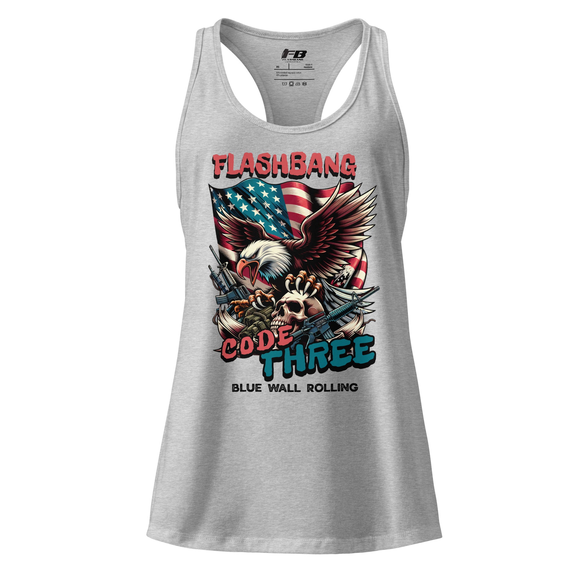 Gray tank top with 'Flashbang Code Three' graphic design featuring an eagle and American flag on a white background.