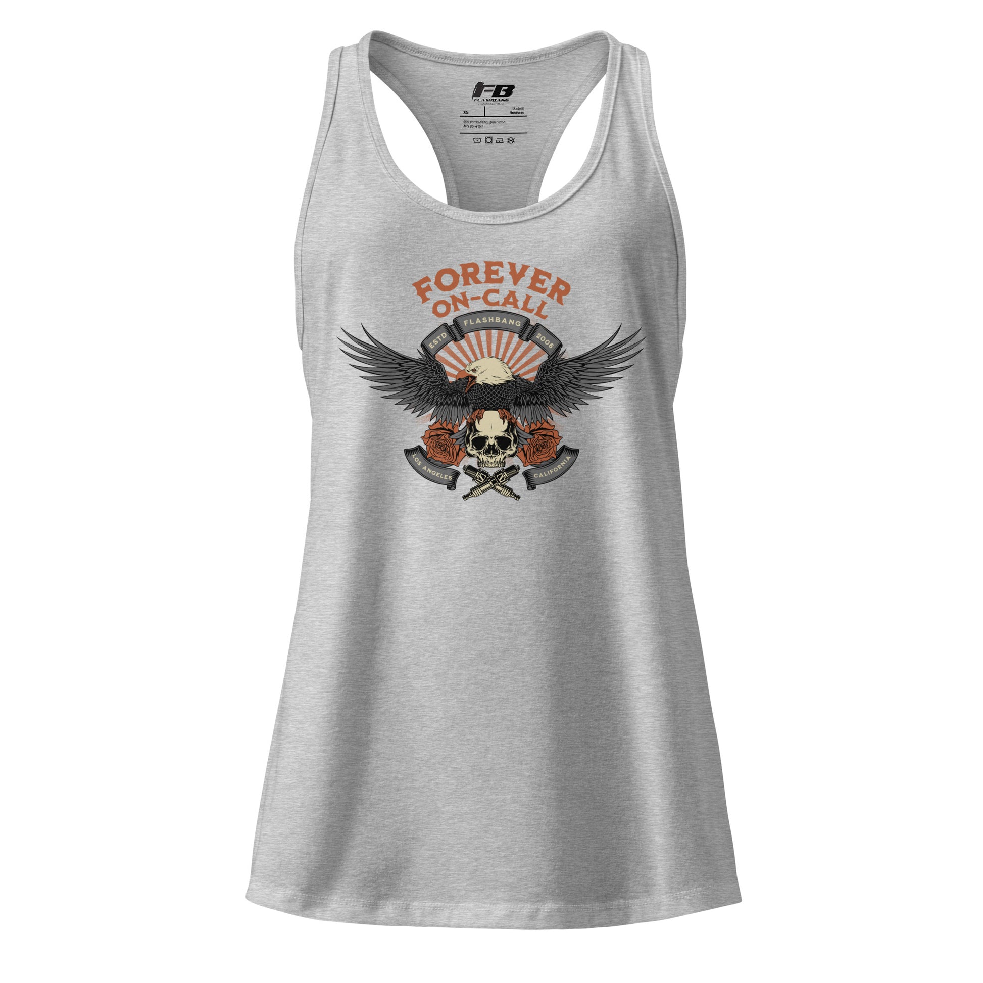Gray tank top with a graphic design featuring an eagle and skull on a white background