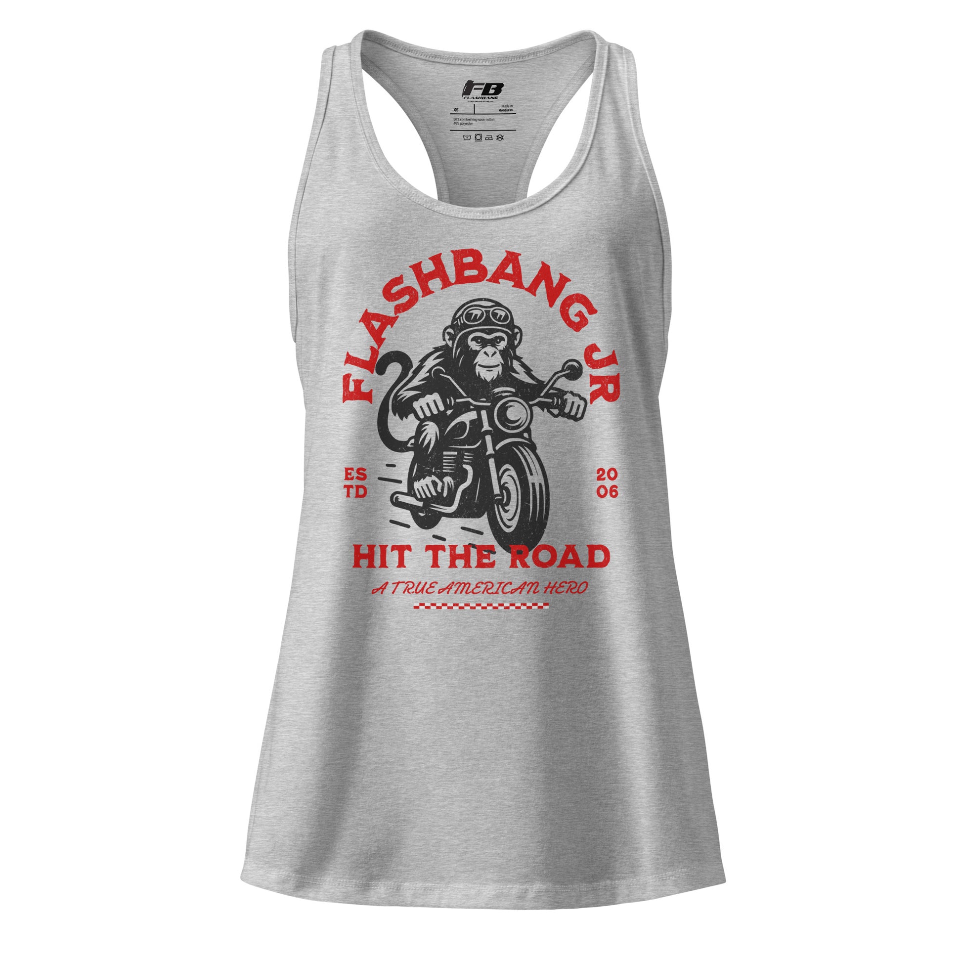 Gray tank top with monkey on a motorcycle graphic and 'Flashbang Jr' text on a white background