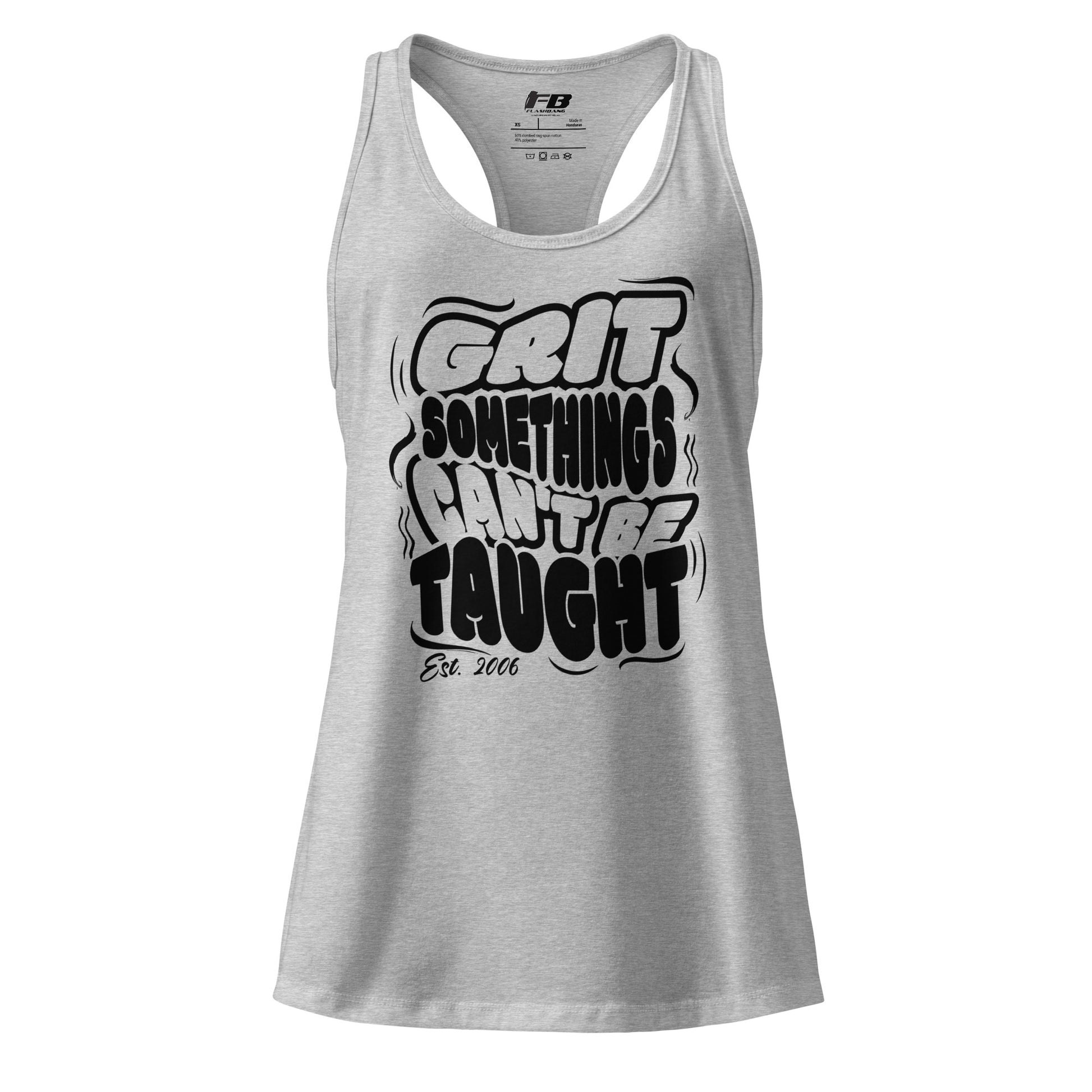 Gray tank top with black text on a white background