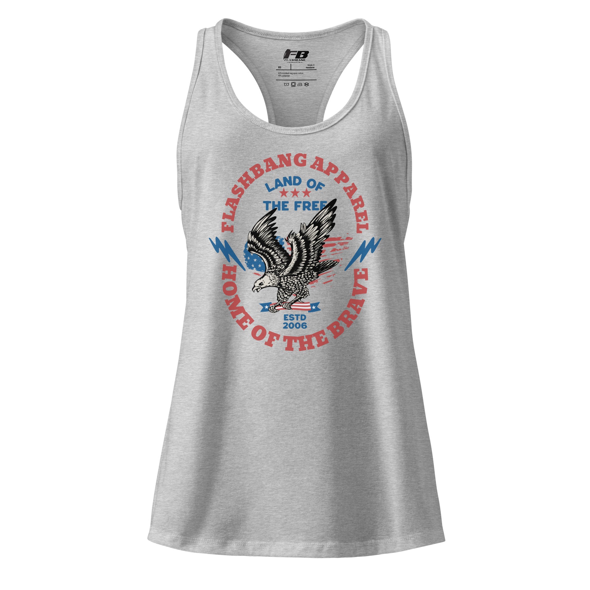 Gray tank top with eagle graphic and text on a white background