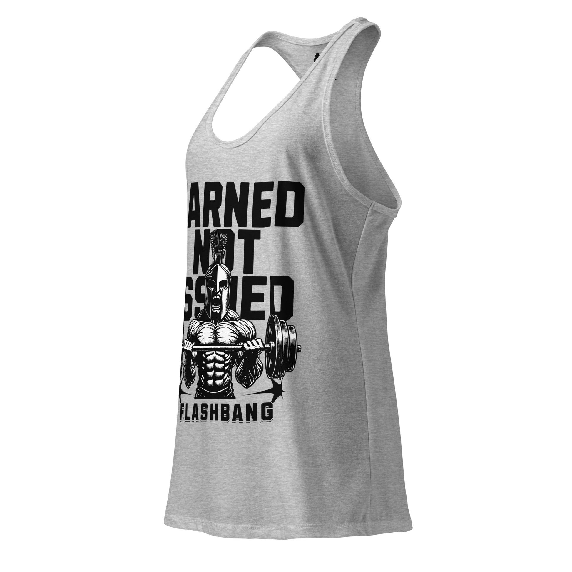 Gray tank top with black graphic and text on a white background