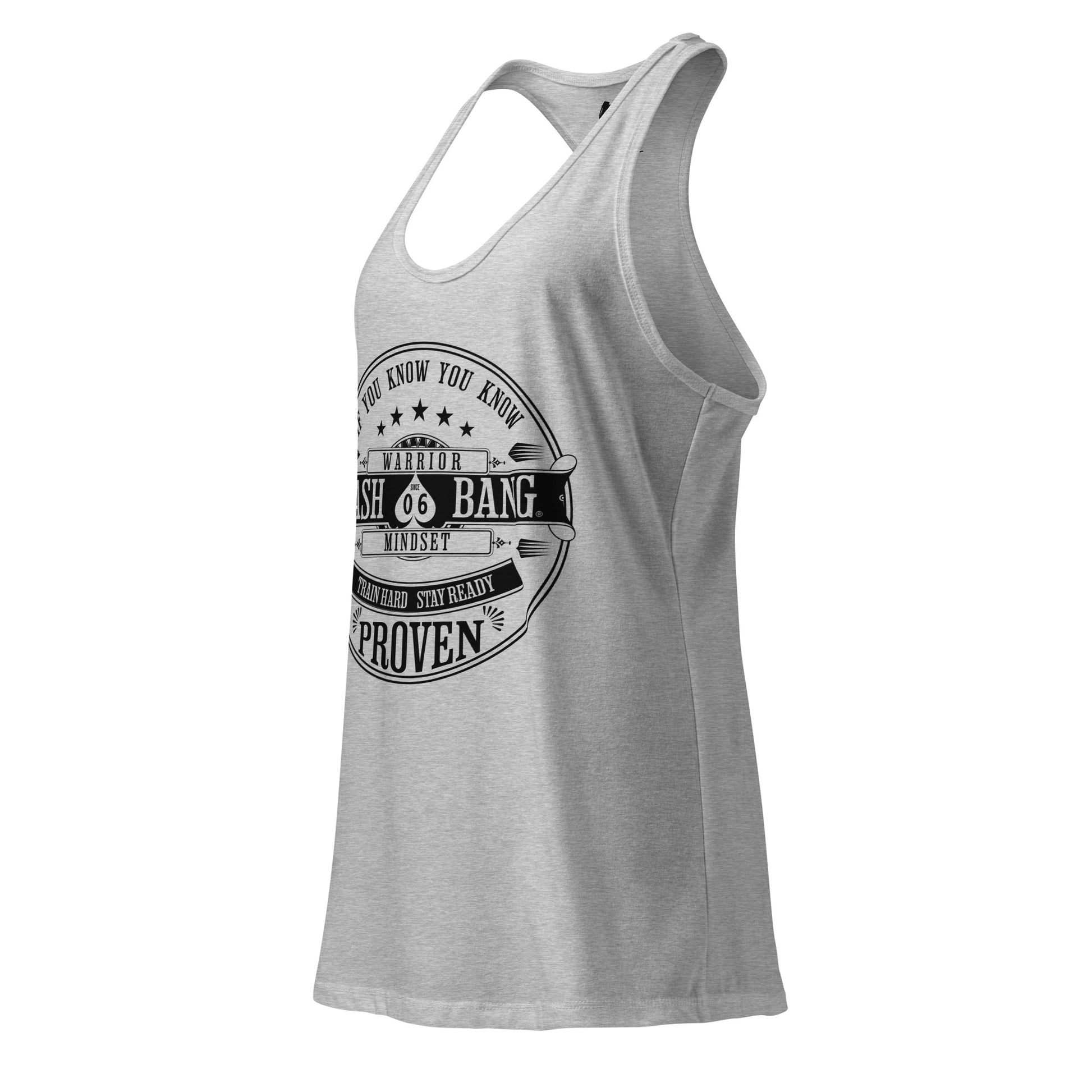 Gray tank top with black graphic design on a white background