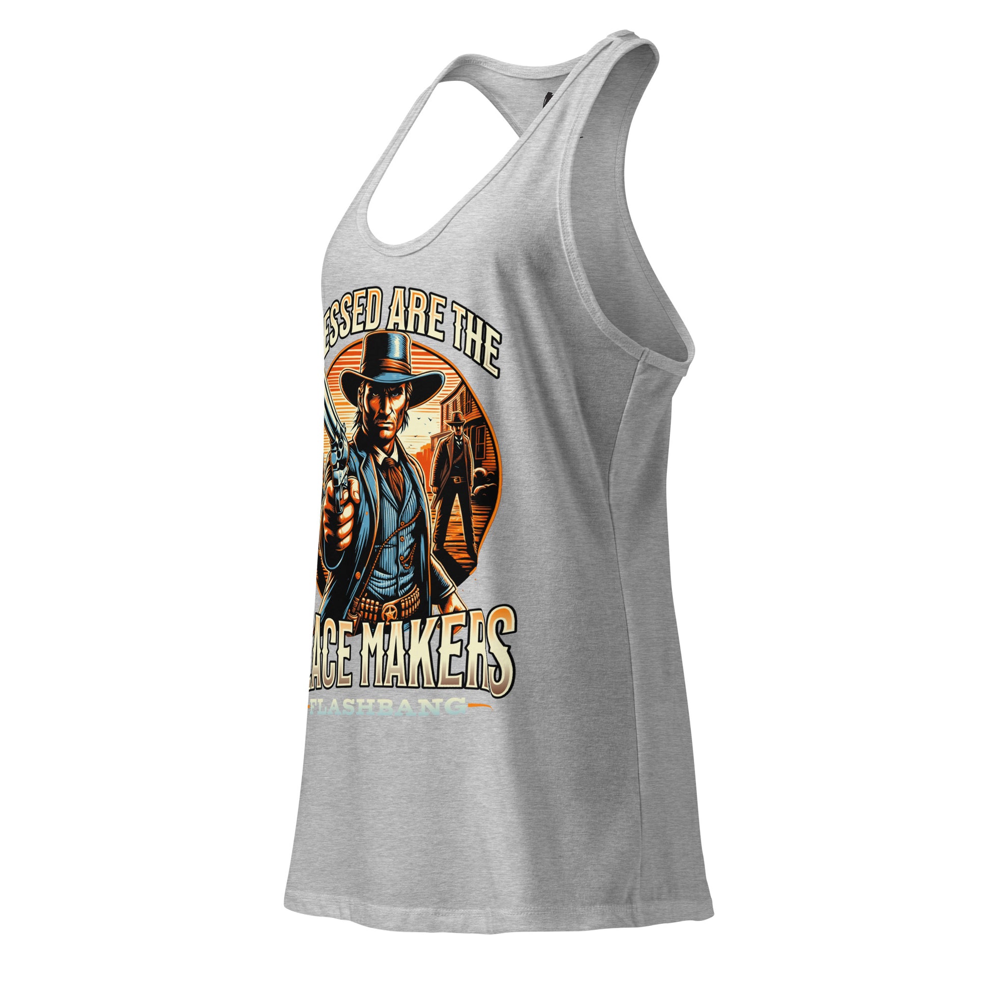 Gray tank top with a graphic design of a cowboy and text on a white background