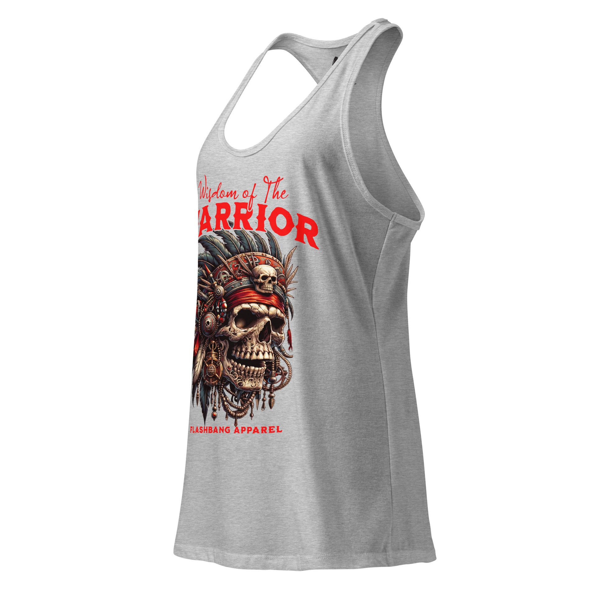 Gray tank top with a skull design and 'Warrior' text on a white background