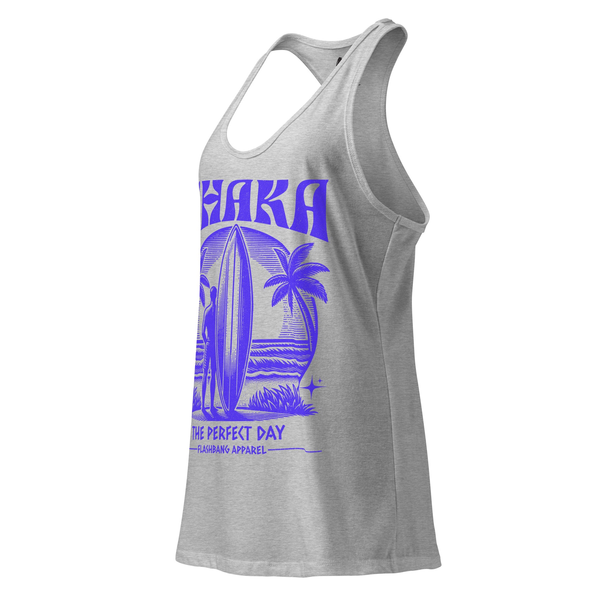 Gray tank top with purple graphic design on a white background