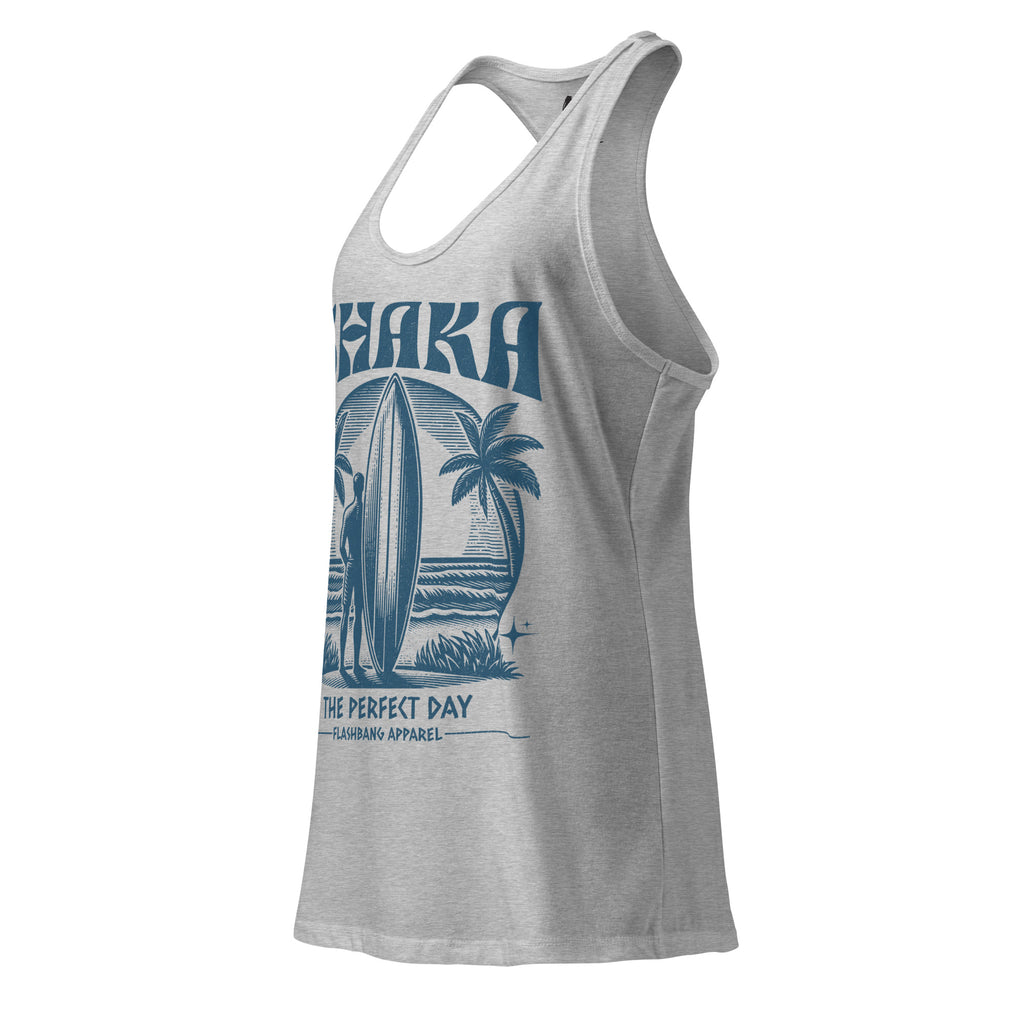 Gray tank top with blue graphic design on a white background
