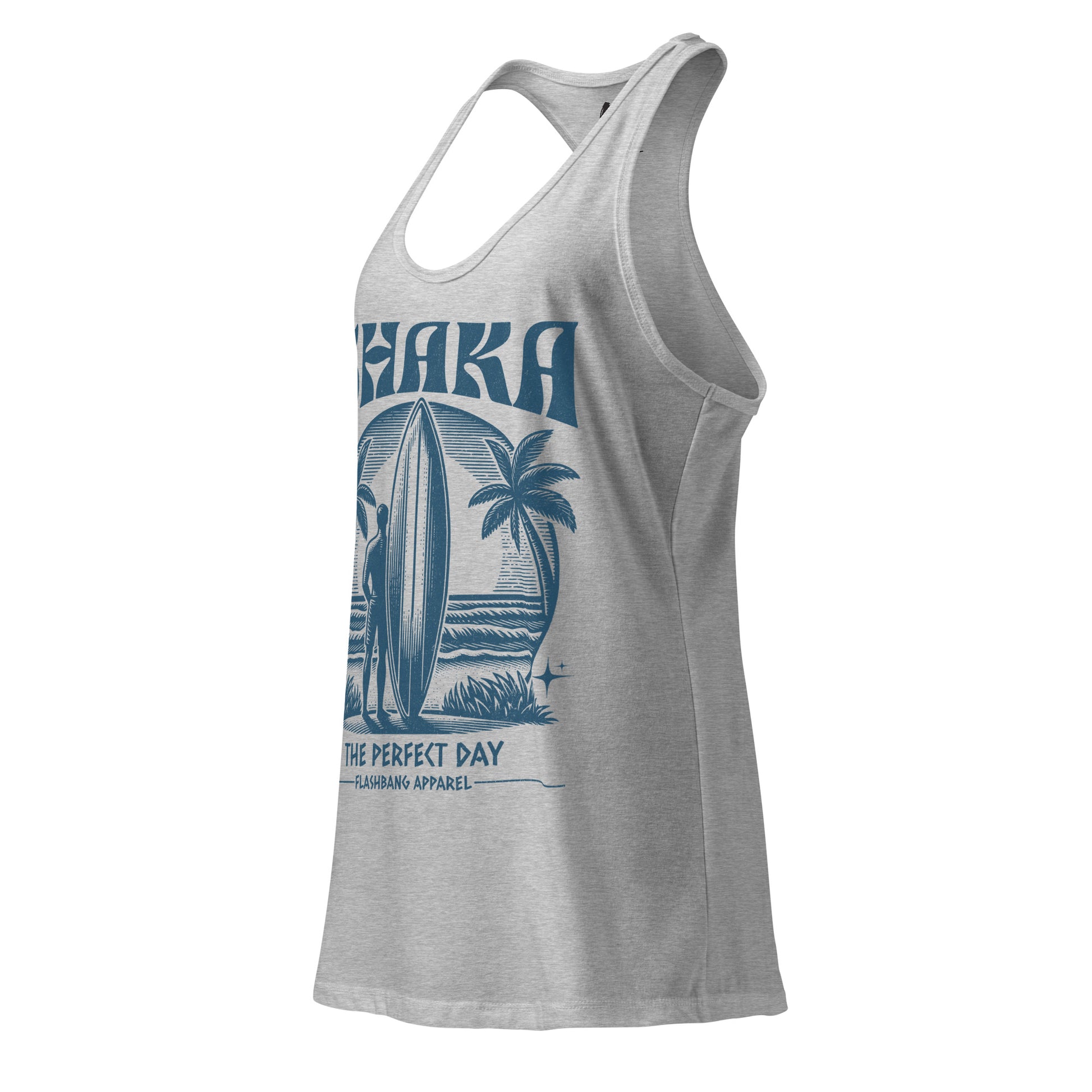 Gray tank top with blue graphic design on a white background