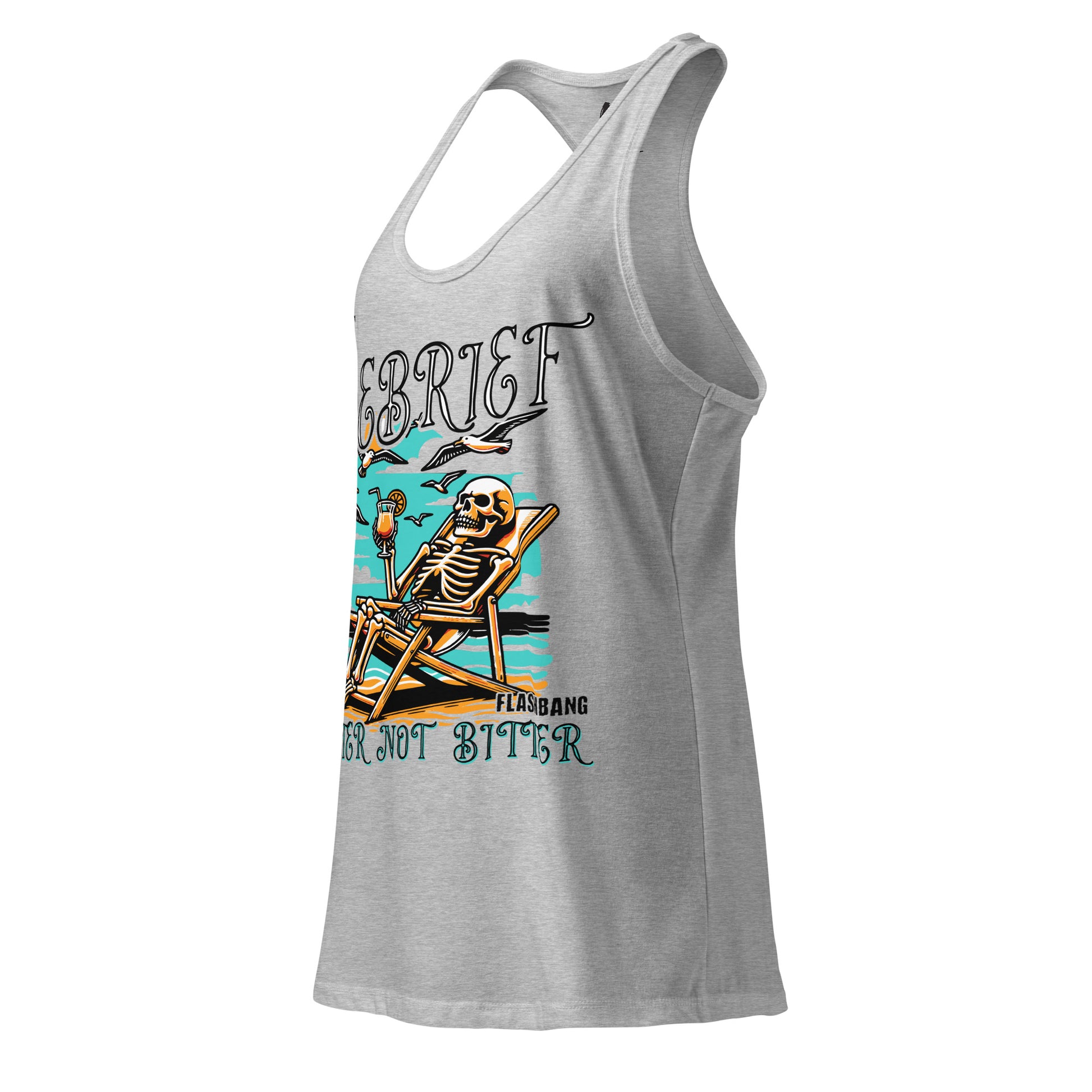 Gray tank top with a skeleton design and text on a white background