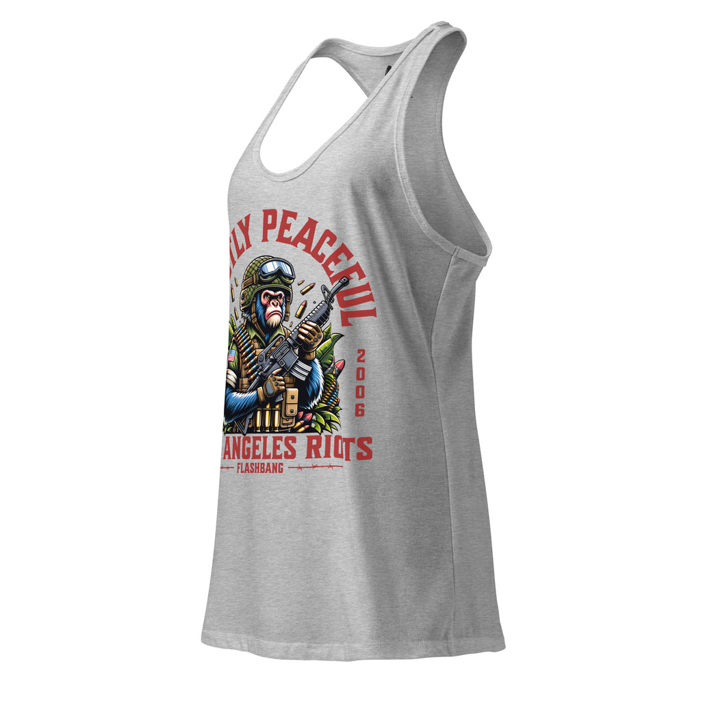 Gray tank top with graphic design and text on a white background