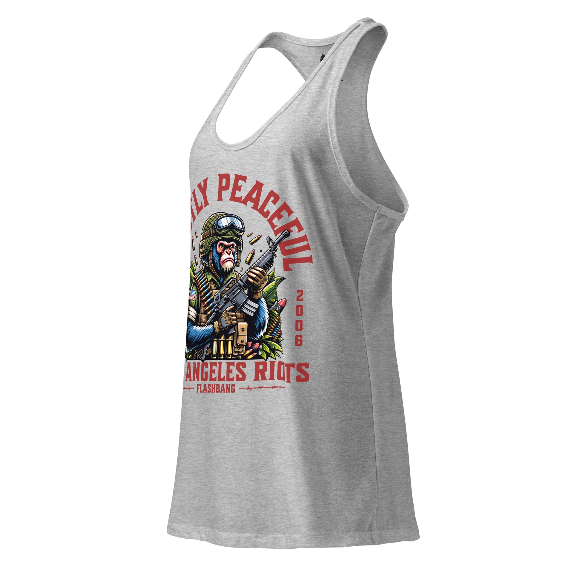 Gray tank top with graphic design and text on a white background