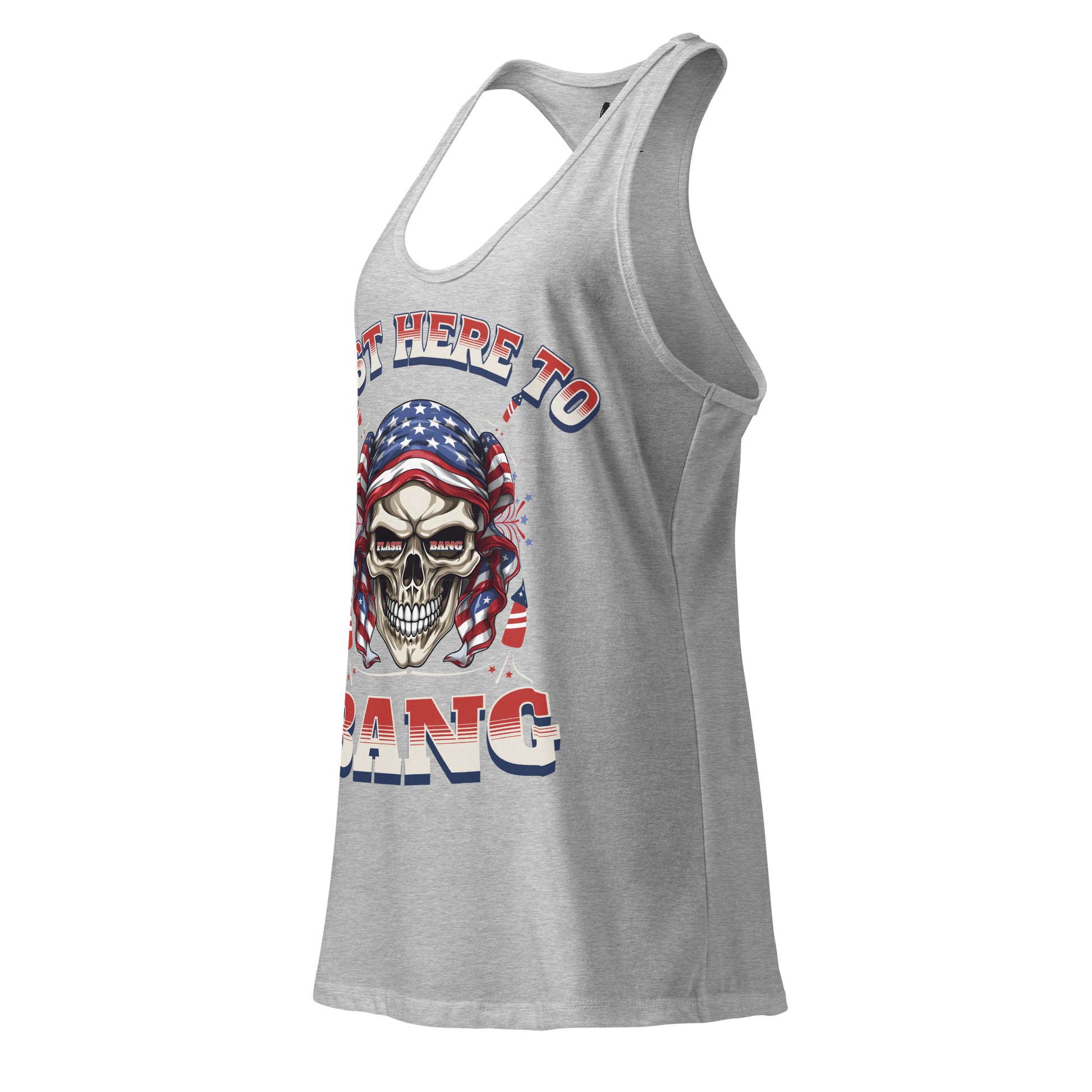 Gray tank top with skull and American flag design on a white background
