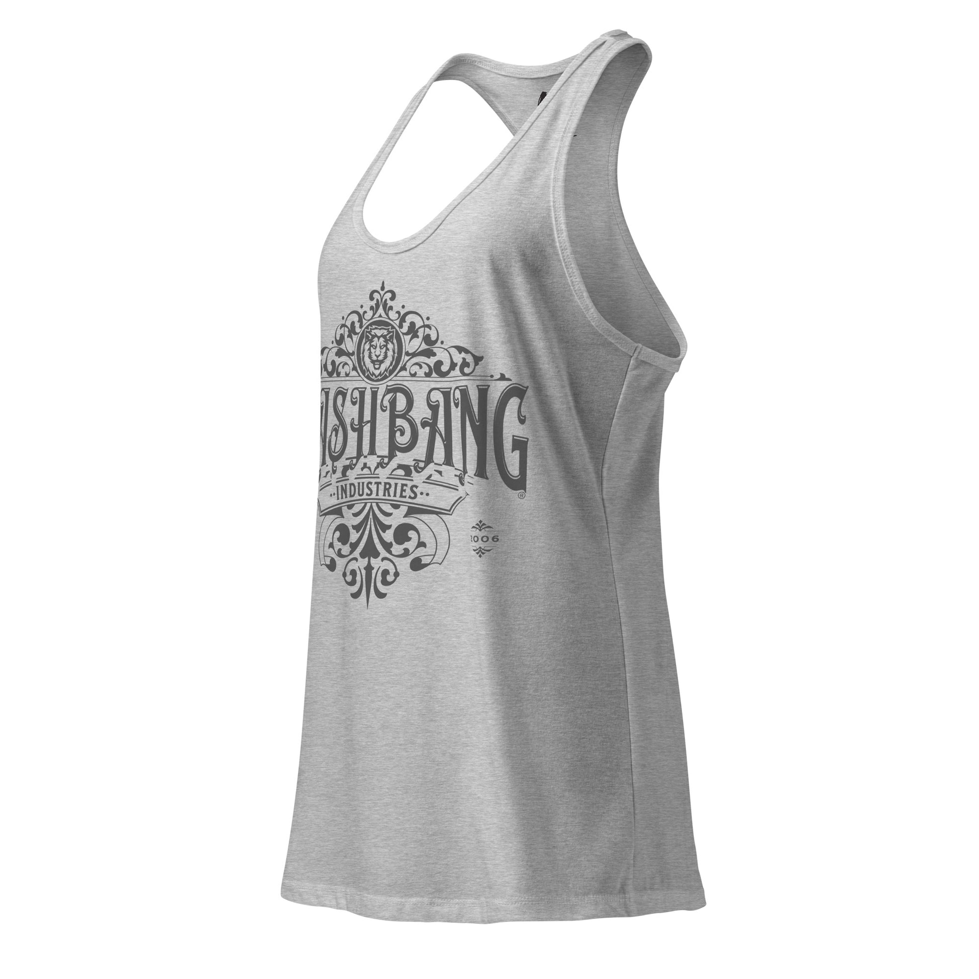 Gray tank top with black graphic design on a white background