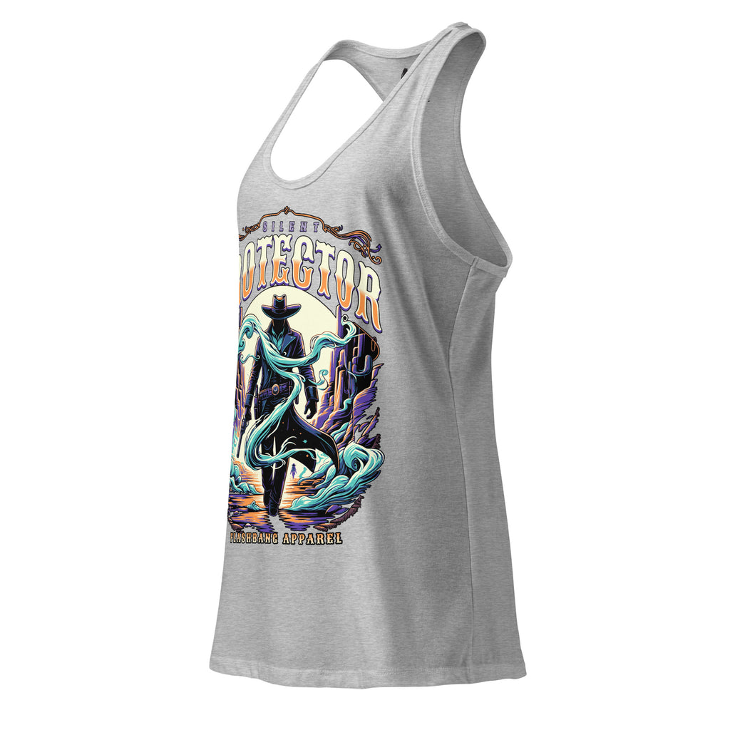 Gray tank top with a colorful graphic design on a white background