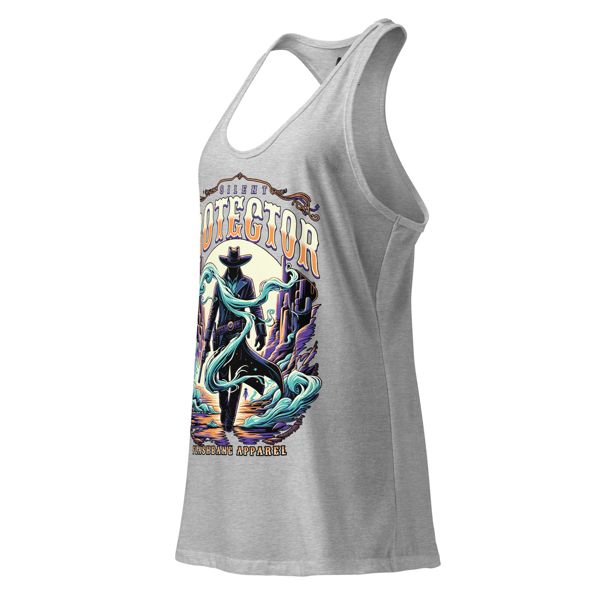 Gray tank top with a colorful graphic design on a white background