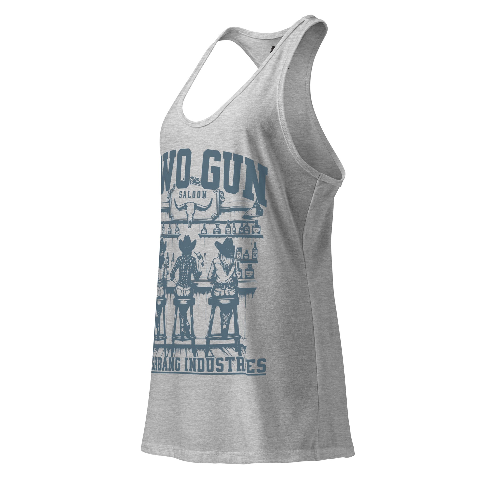 Gray tank top with blue graphic design on a white background