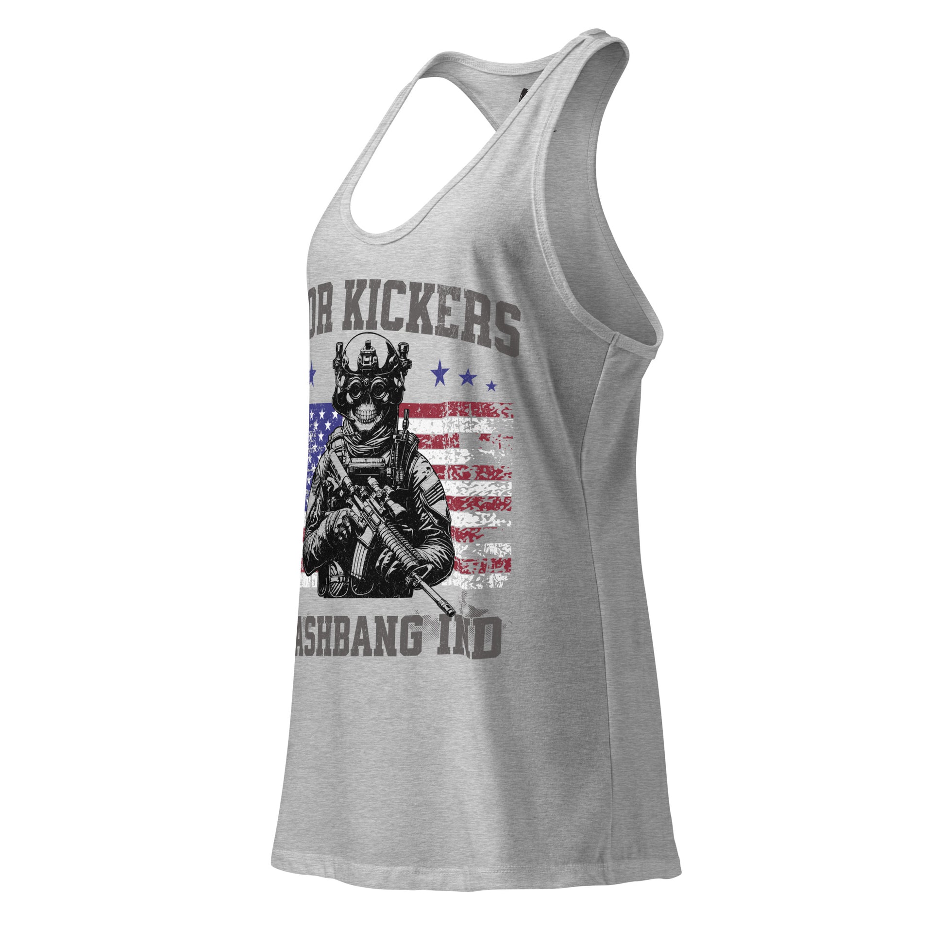 Gray tank top with graphic design and text on a white background