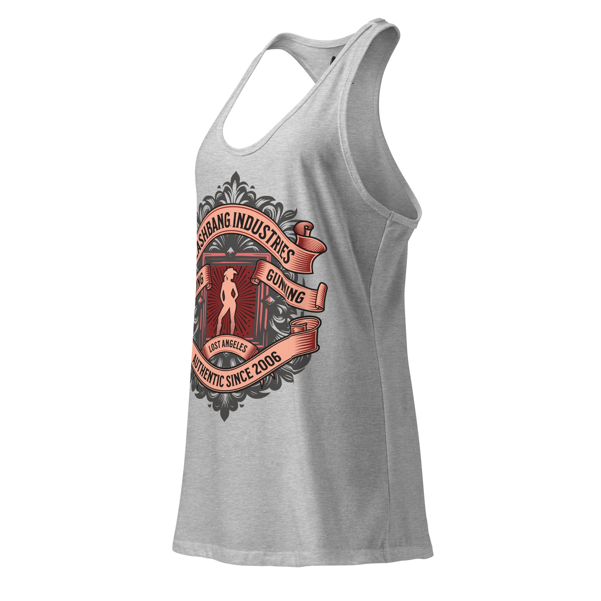 Gray tank top with graphic design on a white background