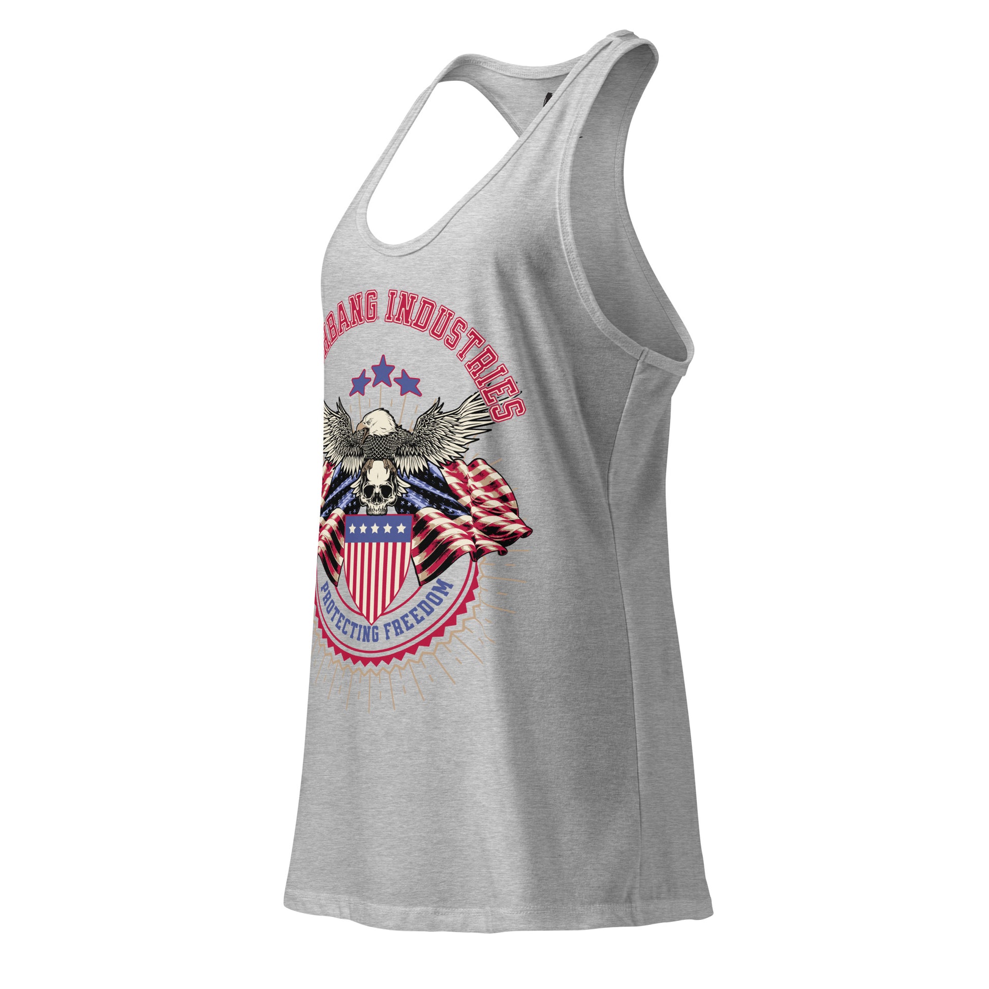 Gray tank top with patriotic design and text on a white background