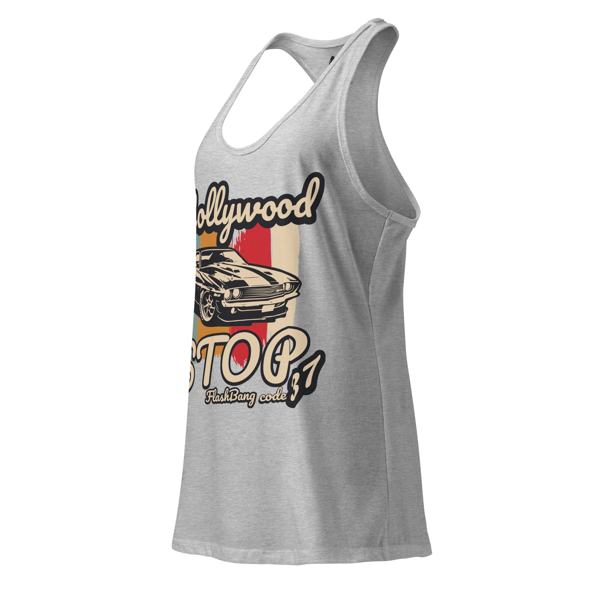Gray tank top with a graphic design on a white background