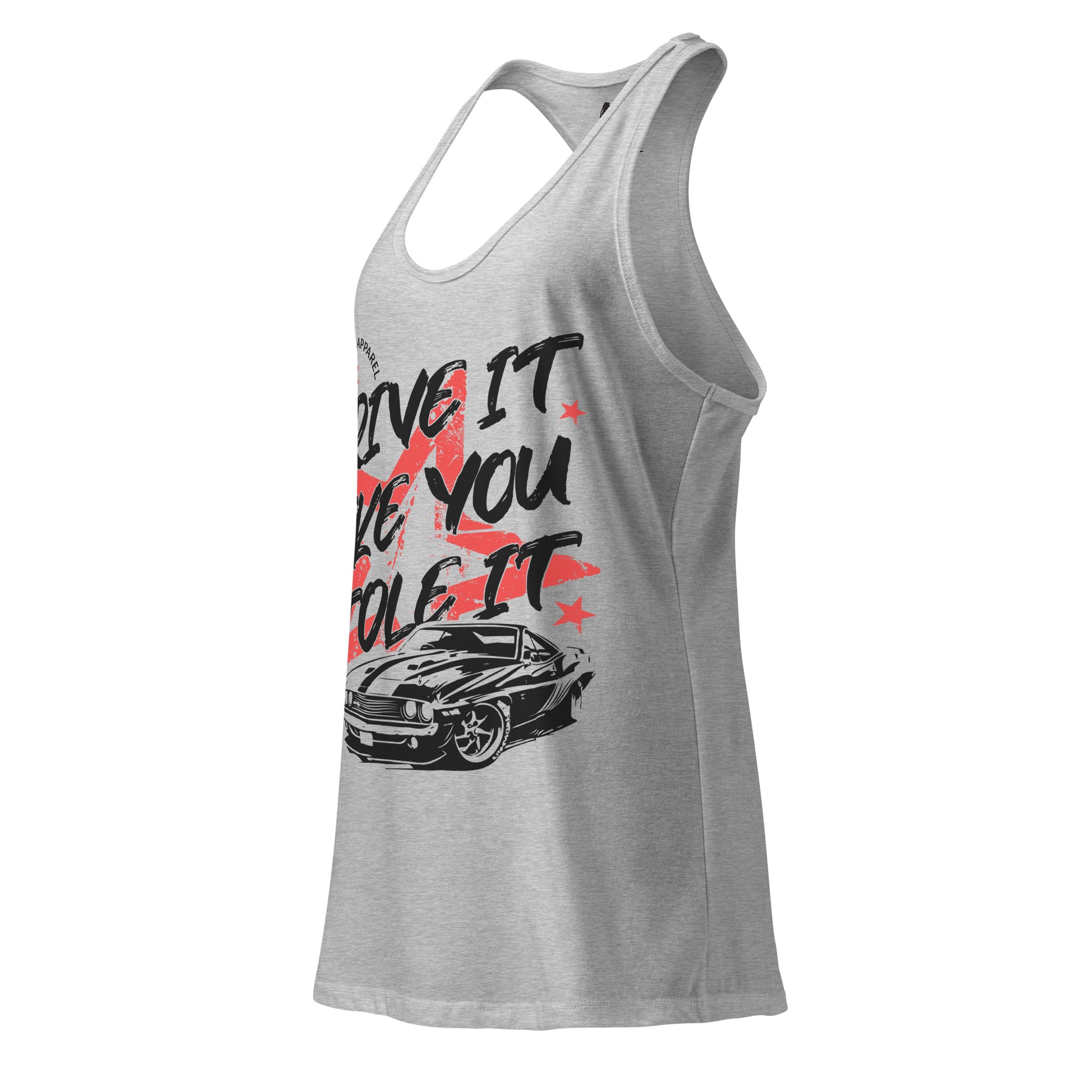 Gray tank top with graphic design and text on a white background